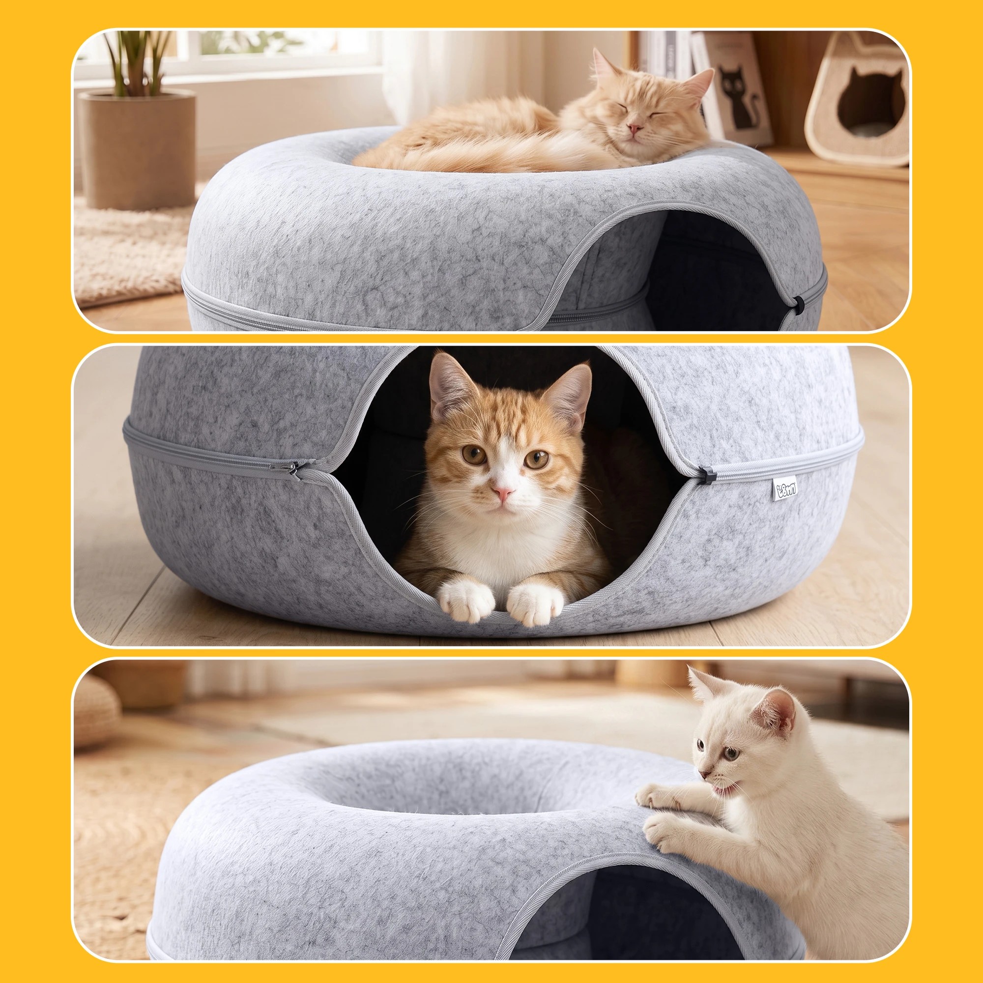 5 i.Pet Cat Bed with Cat Tunnel 60x28CM Donut Bed Felt Cave Hideaway Detachable - Grey, 5 of 8