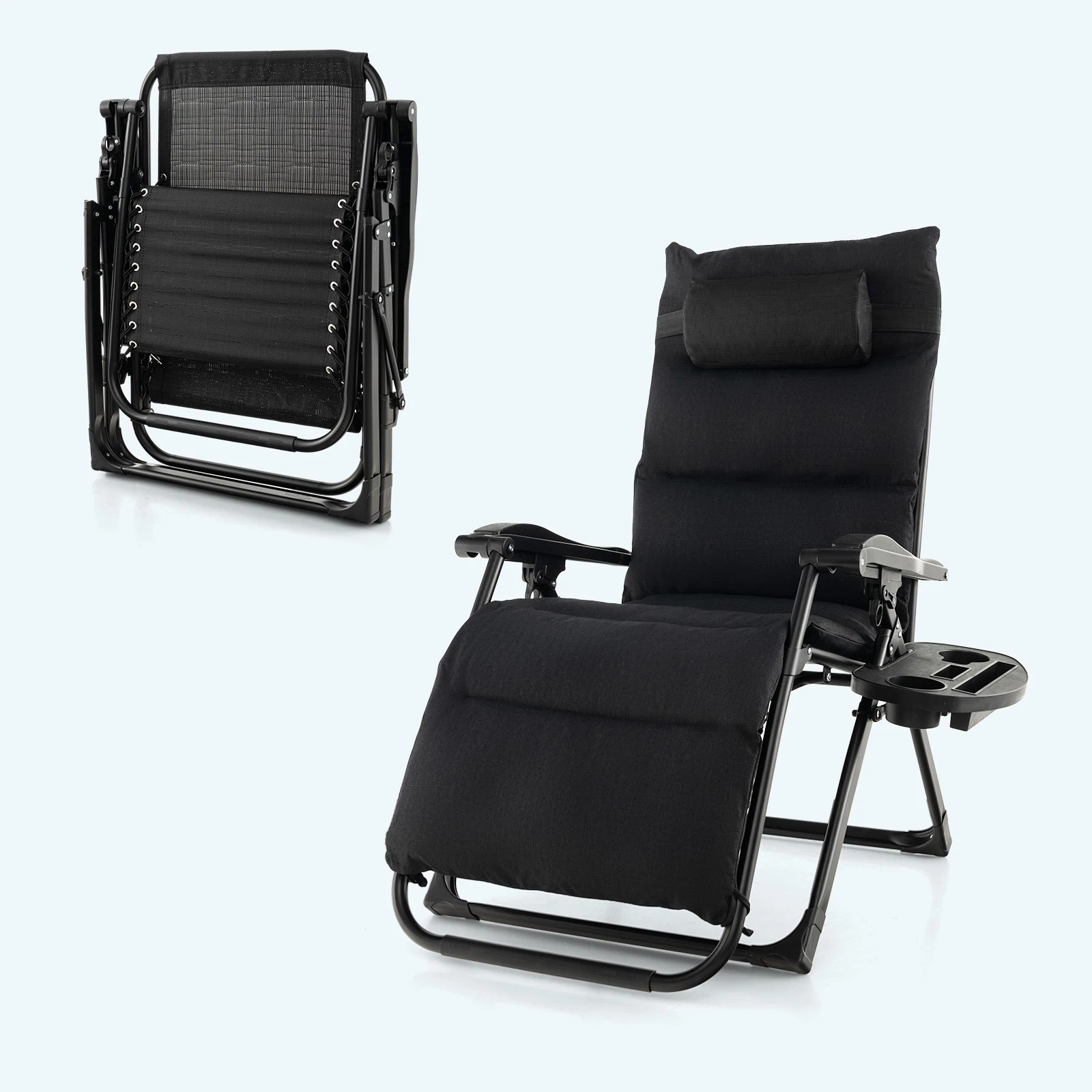 1 Costway Outdoor Sun Lounge Folding Recliner Adjustable Zero Gravity Chair w/Cup Holder - Black, 1 of 1
