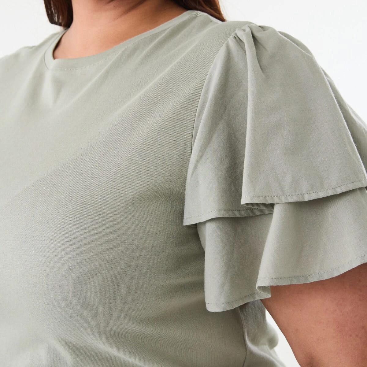 5 Curve Short Woven Sleeve Knit Top Soft Khaki, 5 of 6
