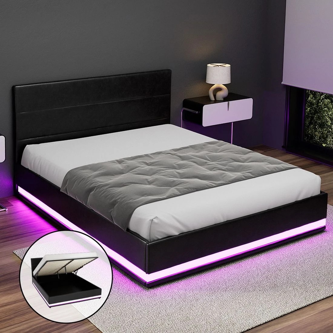 1 Artiss Bed Frame Double Size LED Gas Lift  LUMI - Black, 1 of 7