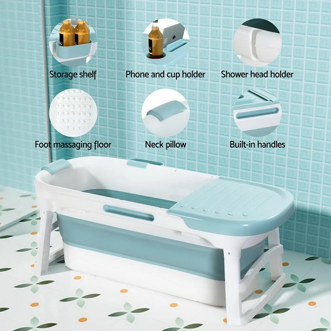 4 Weisshorn Foldable Bathtub Portable Folding Water Spa with Cover Plate 136x62cm - Blue, 4 of 5