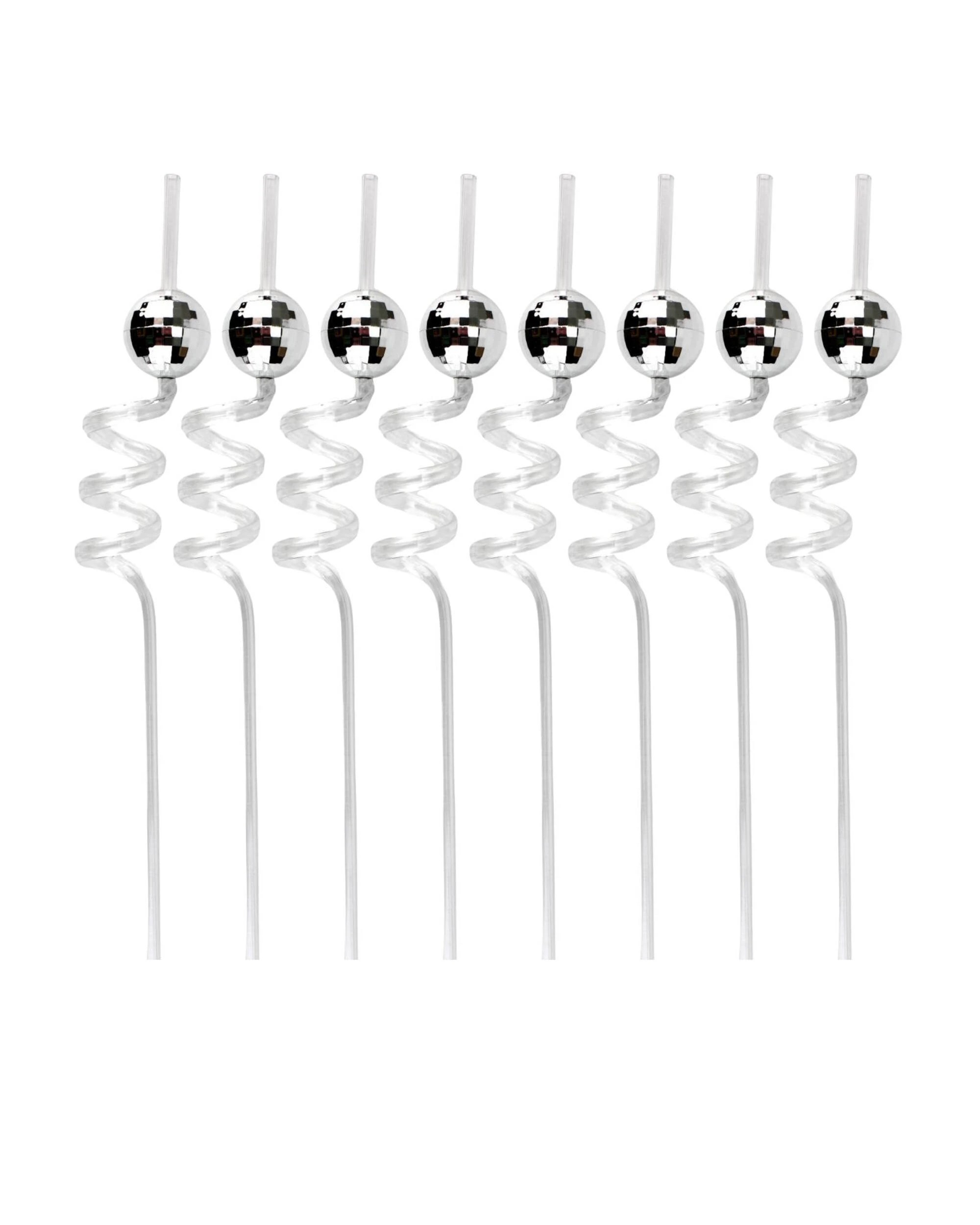 1 Partyrama Disco Ball Curly Straws Pack of 8 - Silver, 1 of 5