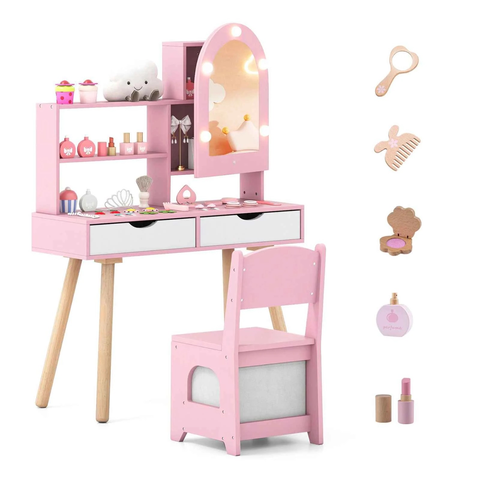 1 Costway Pretend Play Dressing Table Set Princess Makeup Desk - Pink, 1 of 1