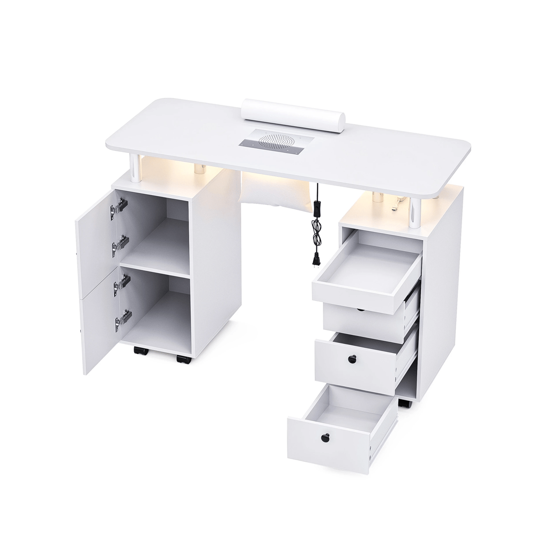 4 Advwin Manicure Table Vanity Desk w/Dust Collector Floating Light Wrist Rest Lockable Wheels Drawers Cabinet - White, 4 of 10