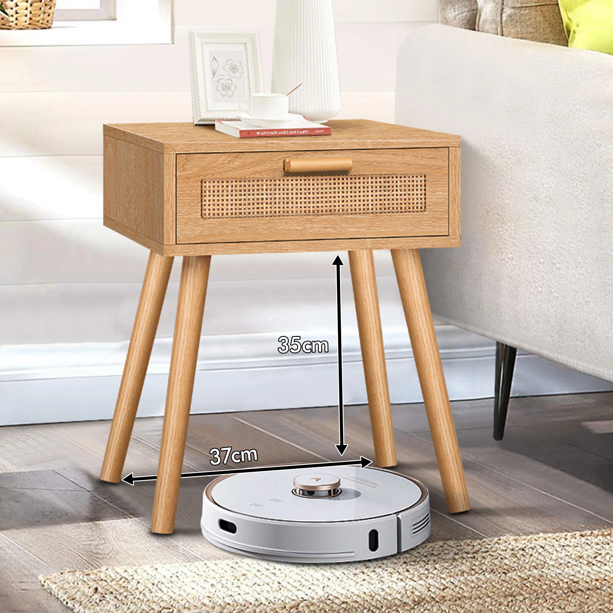 8 Alfordson Bedside Table Nightstand Side Storage Drawer Wooded Rattan - Oak, 8 of 10