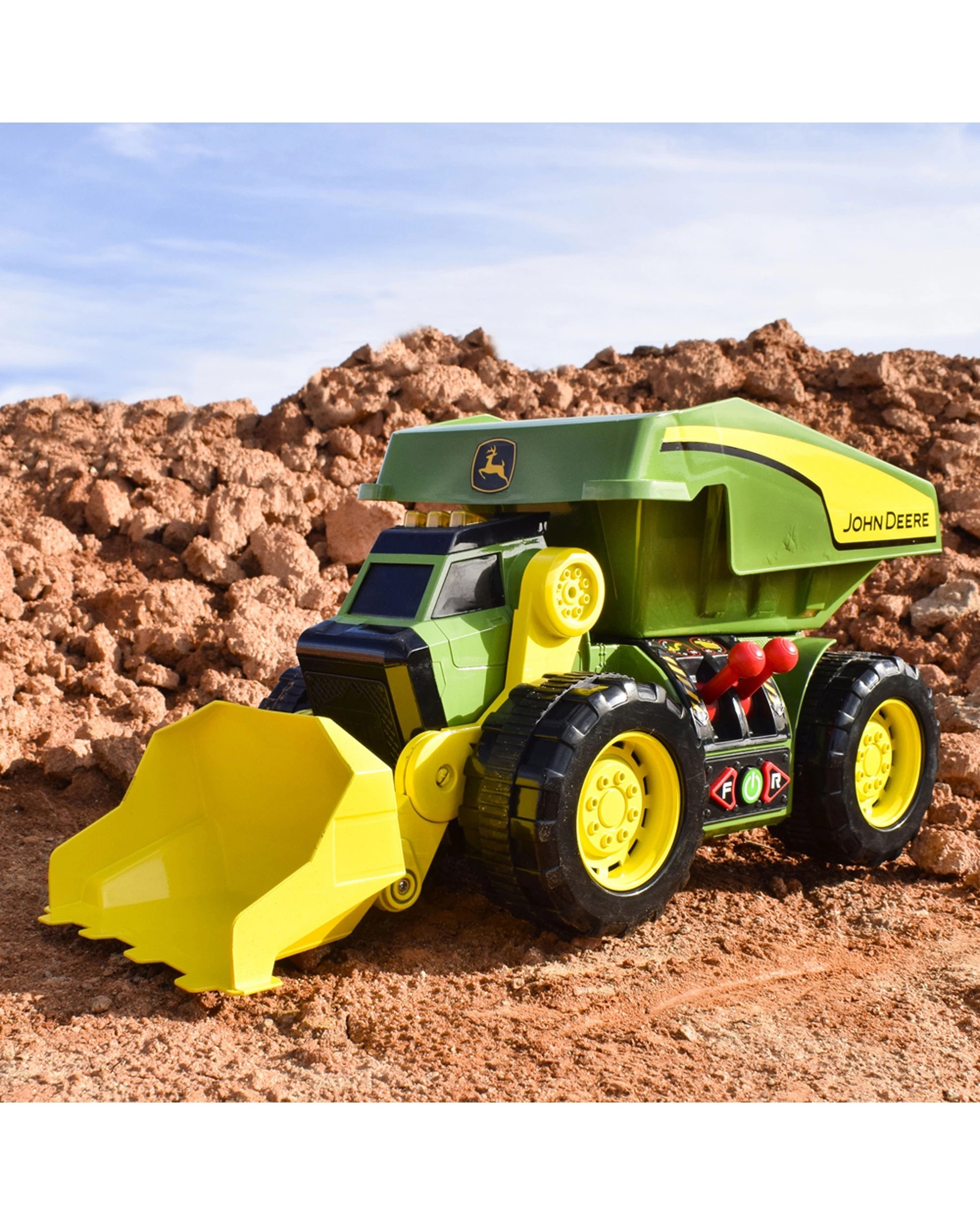 4 JOHN DEERE 2-N-1 Dig Rig Dump Truck And Loader Kids Toy With Motorized Drive Lights Sounds - Green, 4 of 5