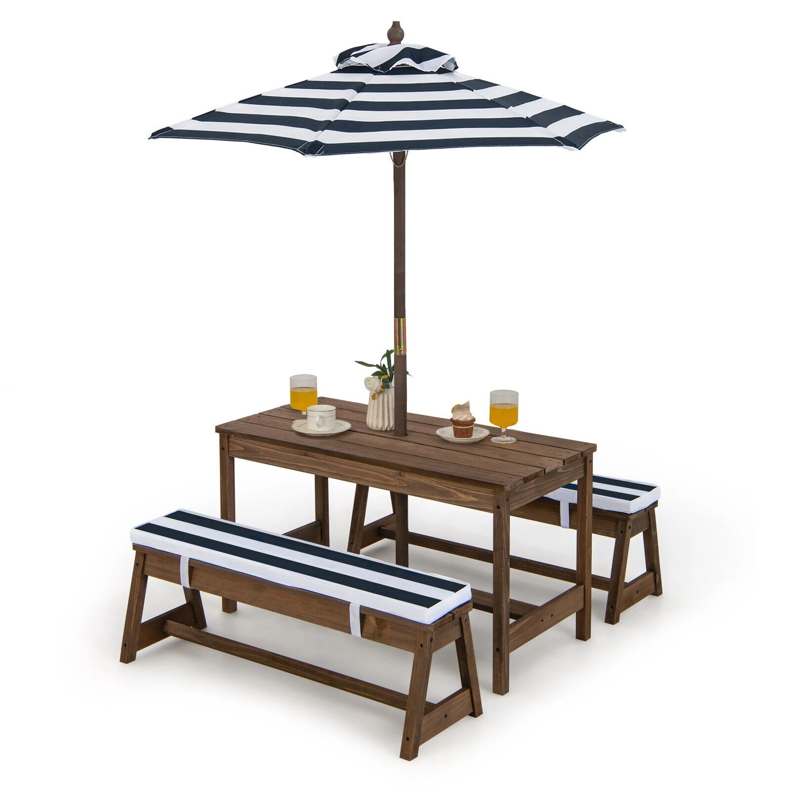 1 Costway Wood Picnic Table Bench Set Camping Table Set w/Cushions - Blue, 1 of 2