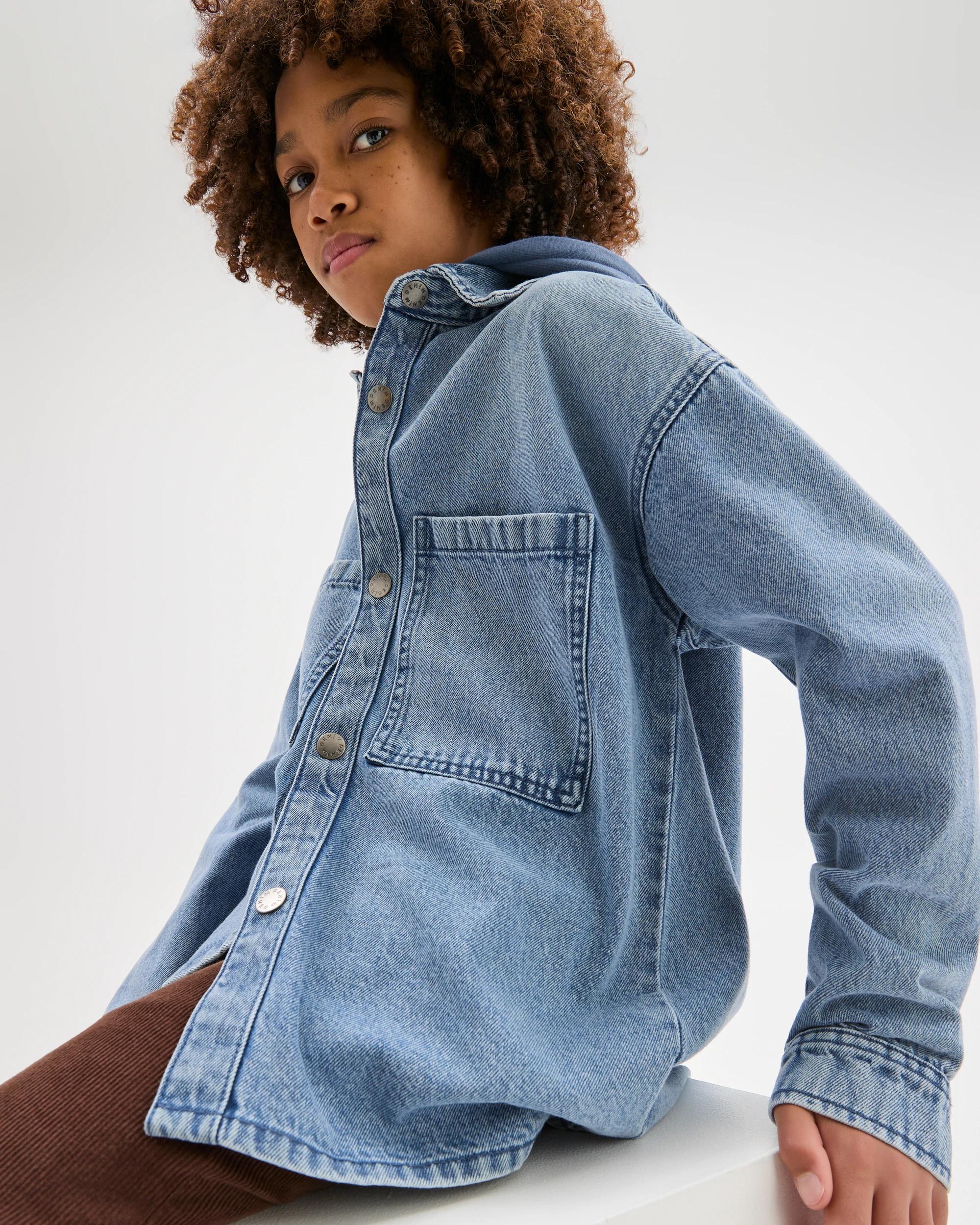 1 Target Kids Long Sleeve Hooded Denim Shirt MID BLUE WASH, 1 of 6