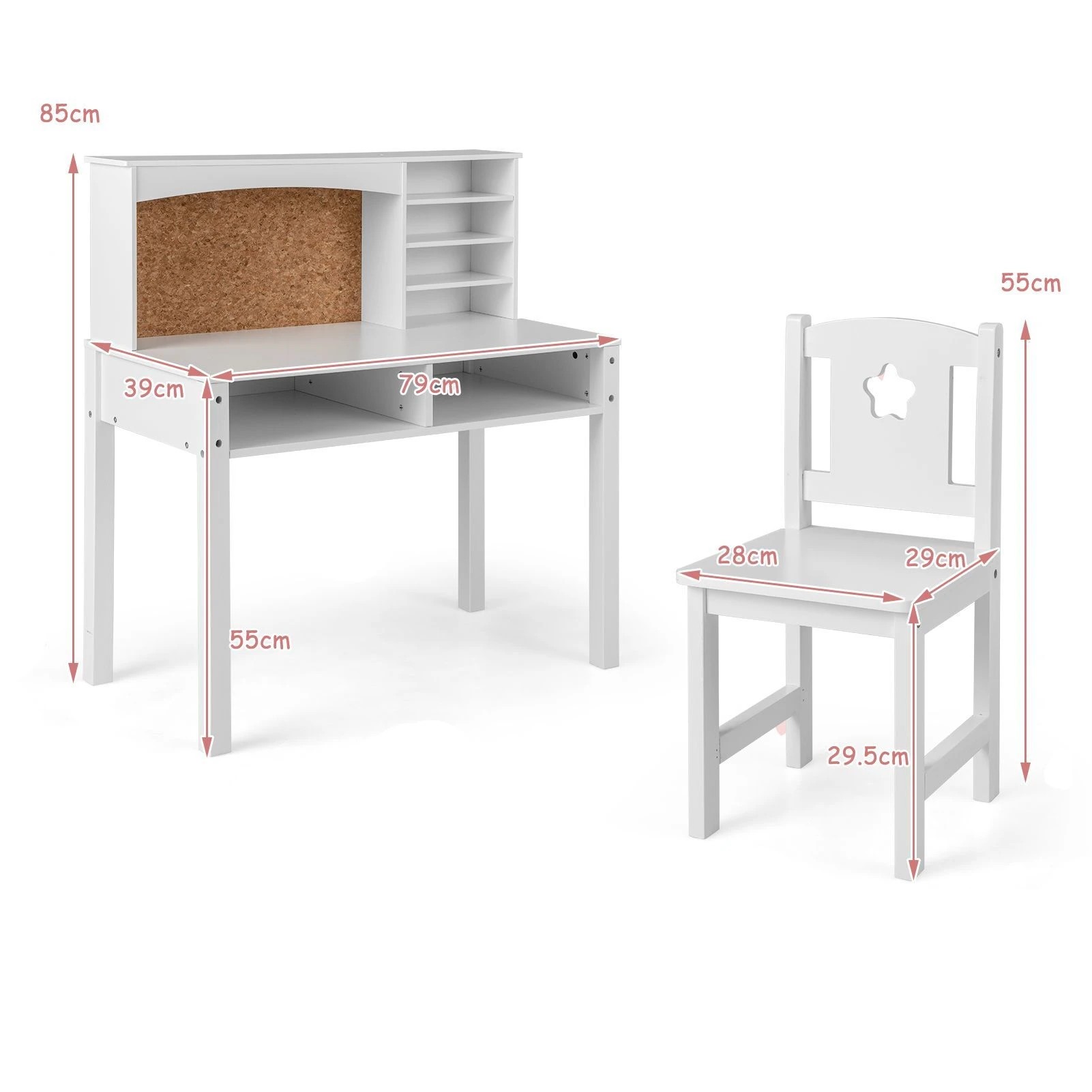 3 Costway Kids Desk & Chair Set Wood Study Table w/Bulletin Board White, 3 of 5