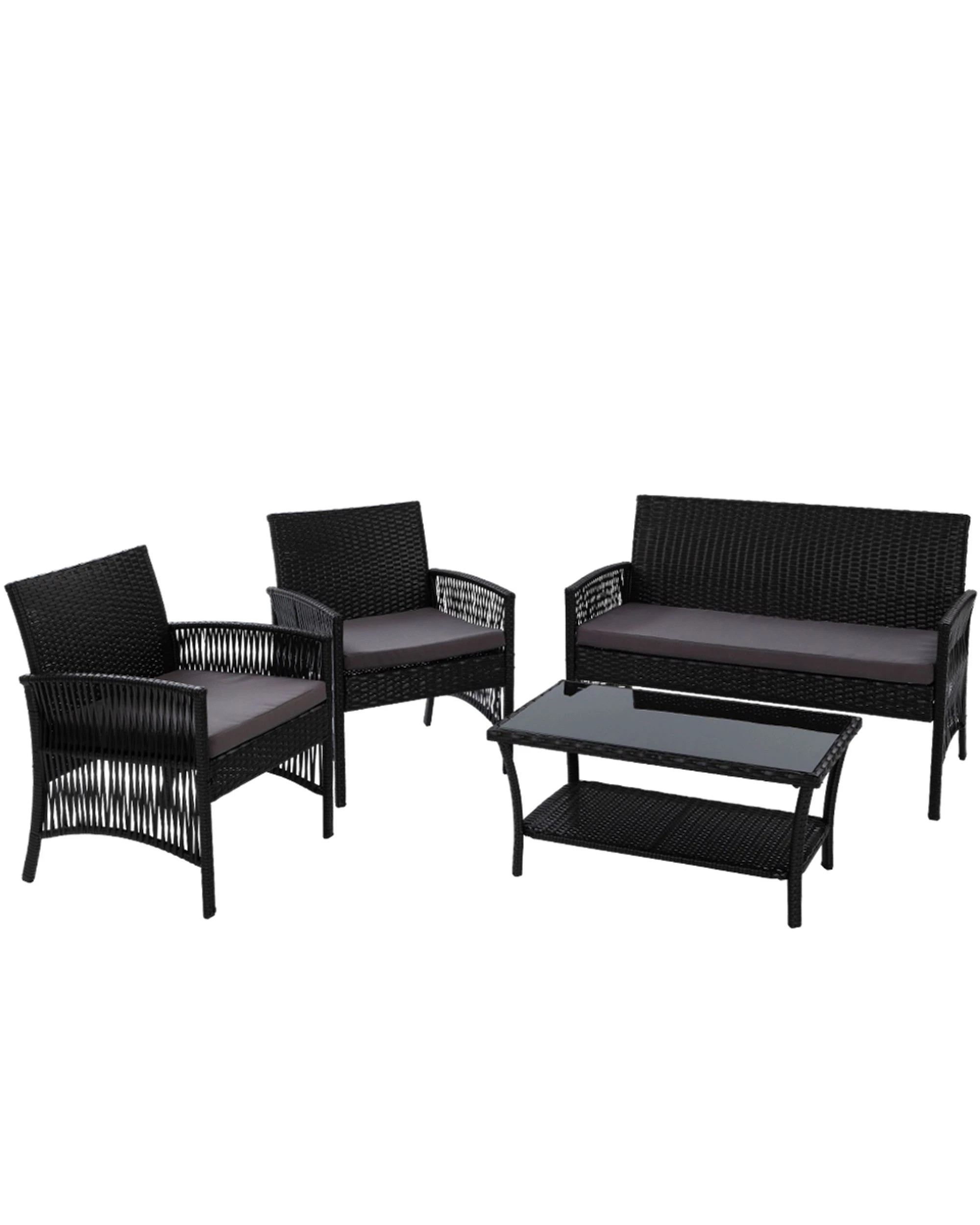 1 Gardeon 4 Piece Rattan Sofa Set Harp Chair Table UV Resistant Wicker Steel Metal Frame Cushioned Patio Lounge - black, 1 of 6