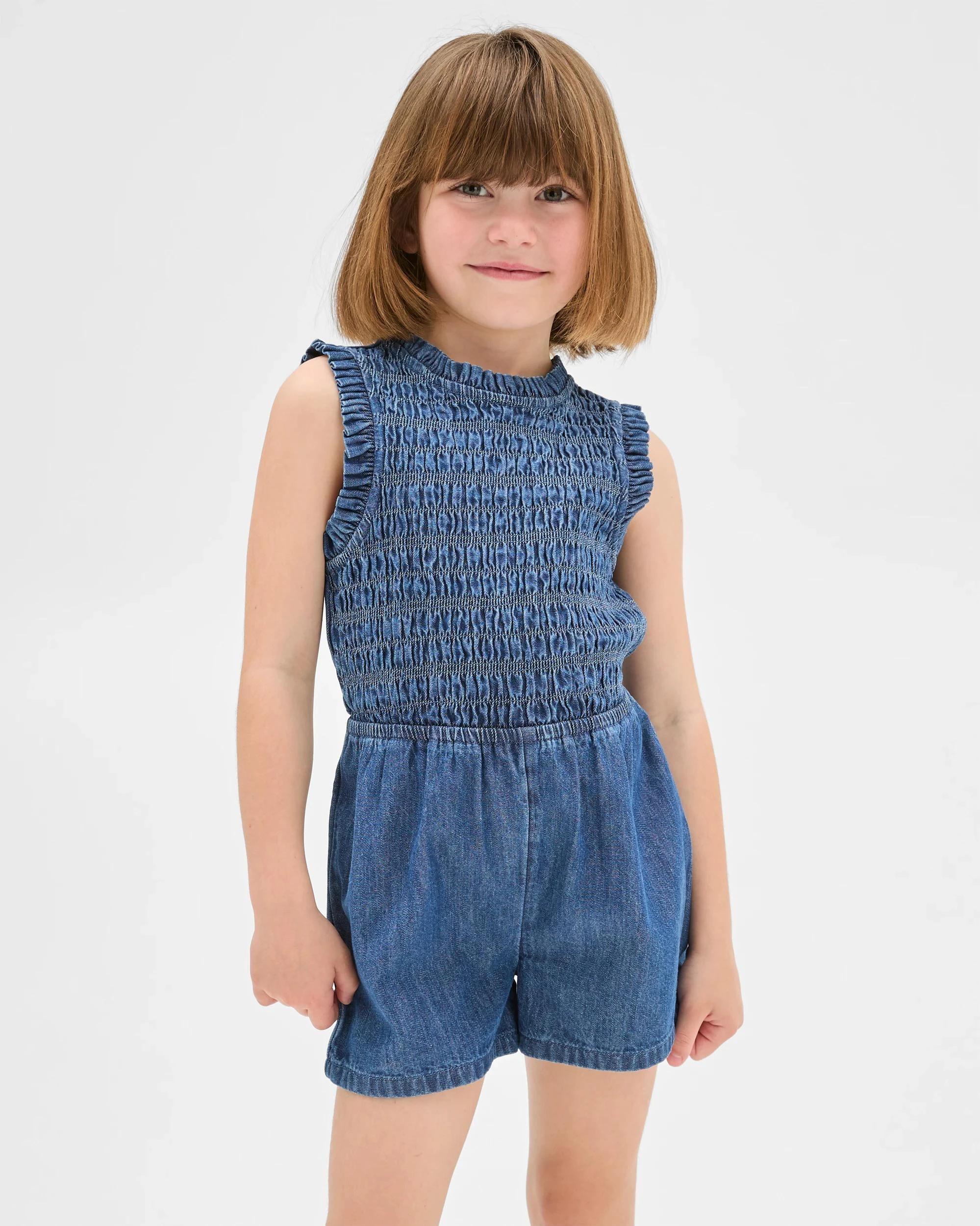 1 Target Kids Younger Girls Shirred Denim Playsuit MID WASH BLUE, 1 of 6