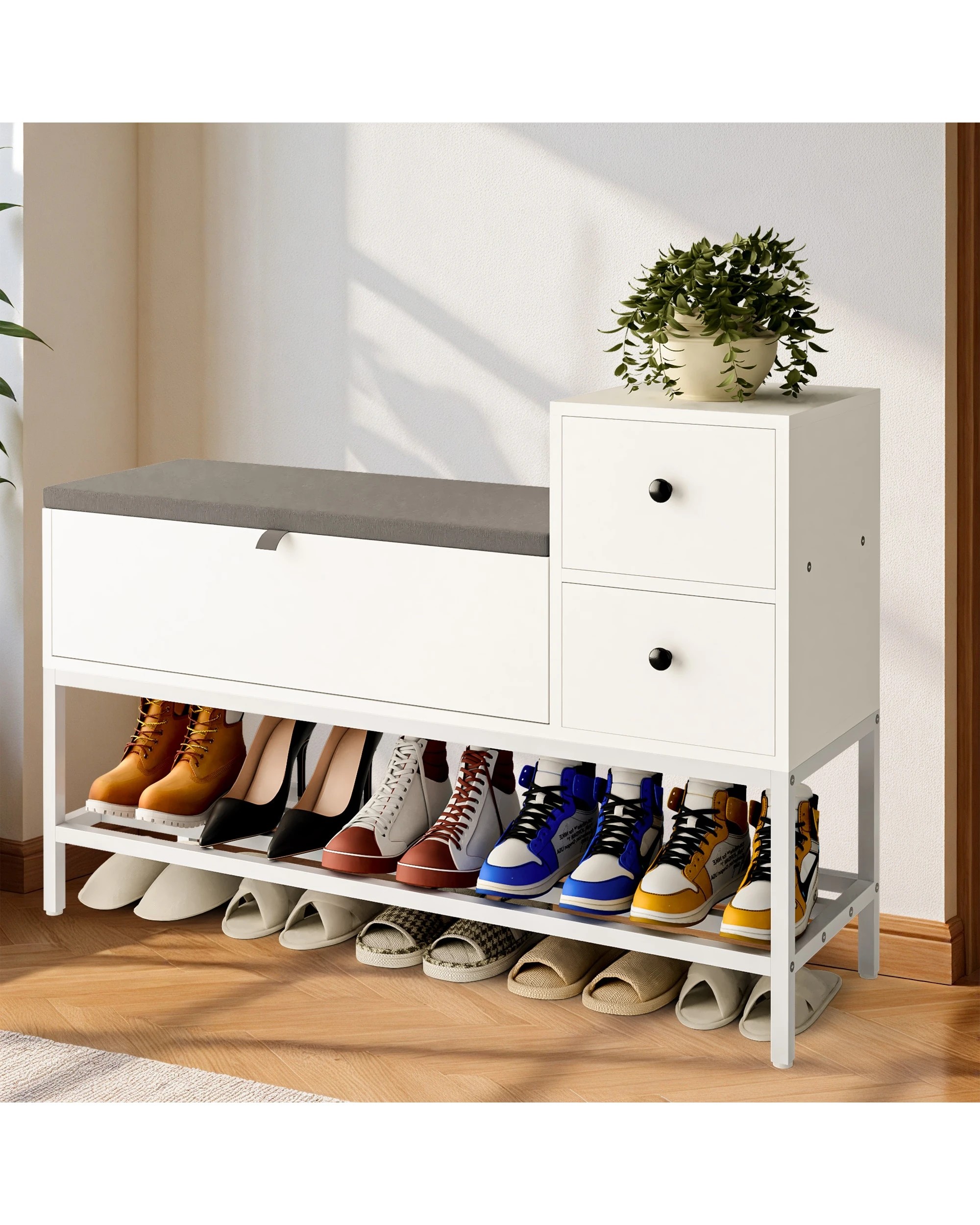 9 Advwin Shoe Rack Bench w/ Flip Top Cabinet & Drawers Shoe Organiser with Cushion & Side Hook, 9 of 9