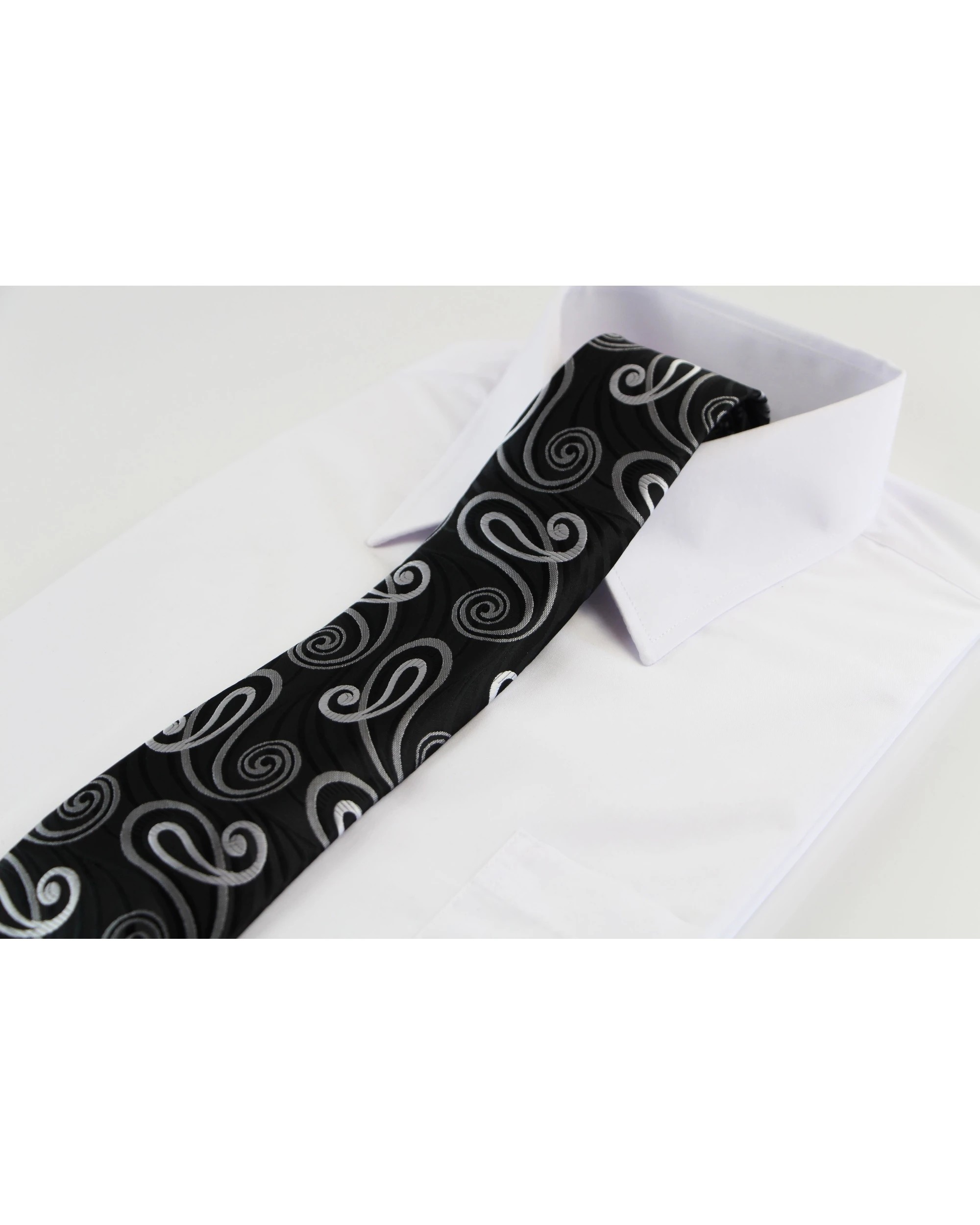 1 Zasel Mens Black With Silver Swirls Patterned 8cm Neck Tie, 1 of 2