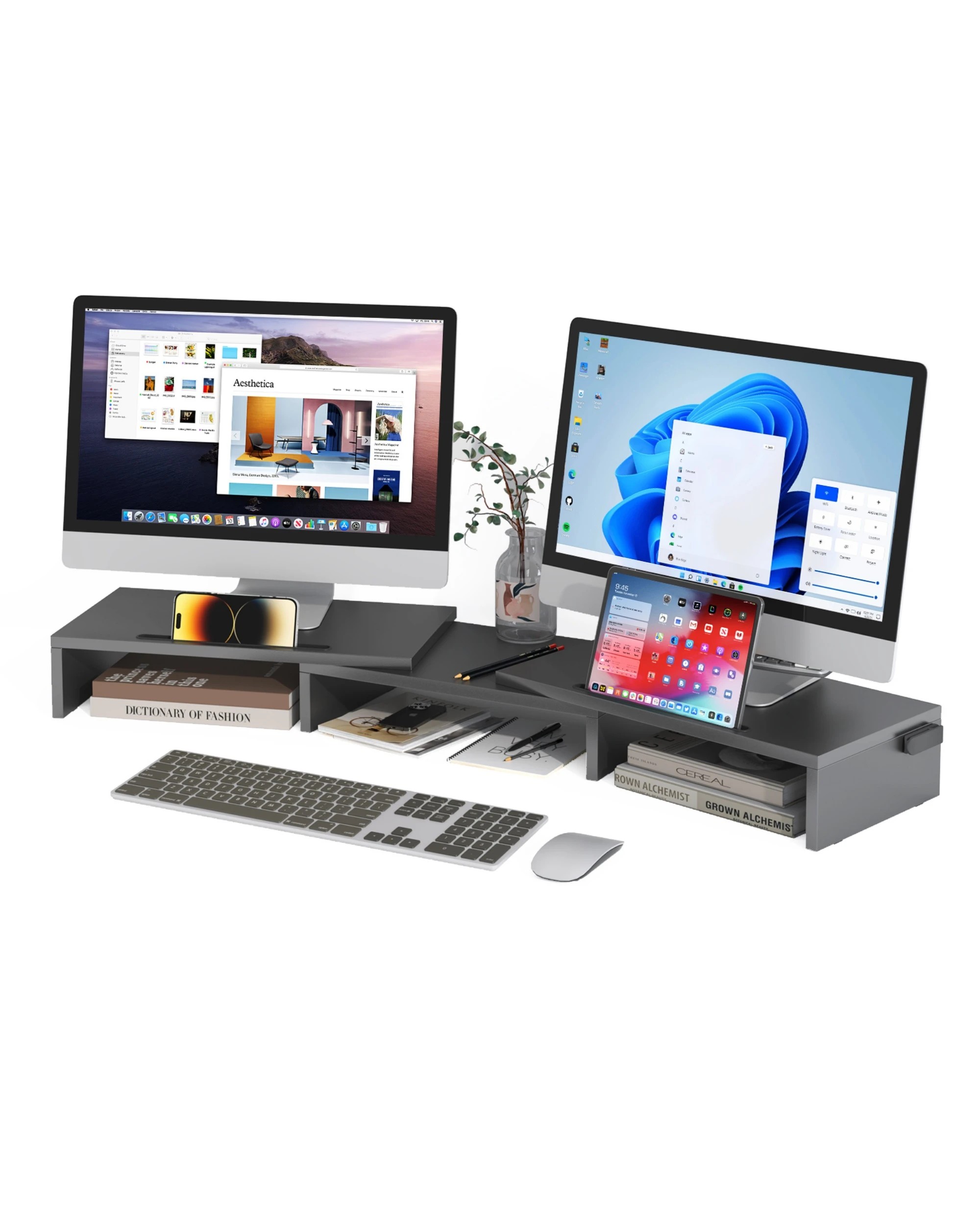 1 Advwin Dual Monitor Stand Riser Adjustable Length and Angle with 2 Slot - Black, 1 of 6