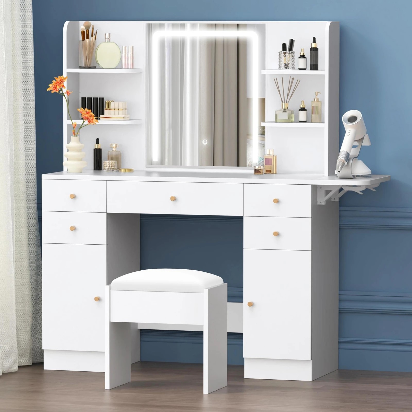 2 Alfordson Dressing Table Stool Set Makeup Mirror LED Vanity 5 Drawers - White, 2 of 9