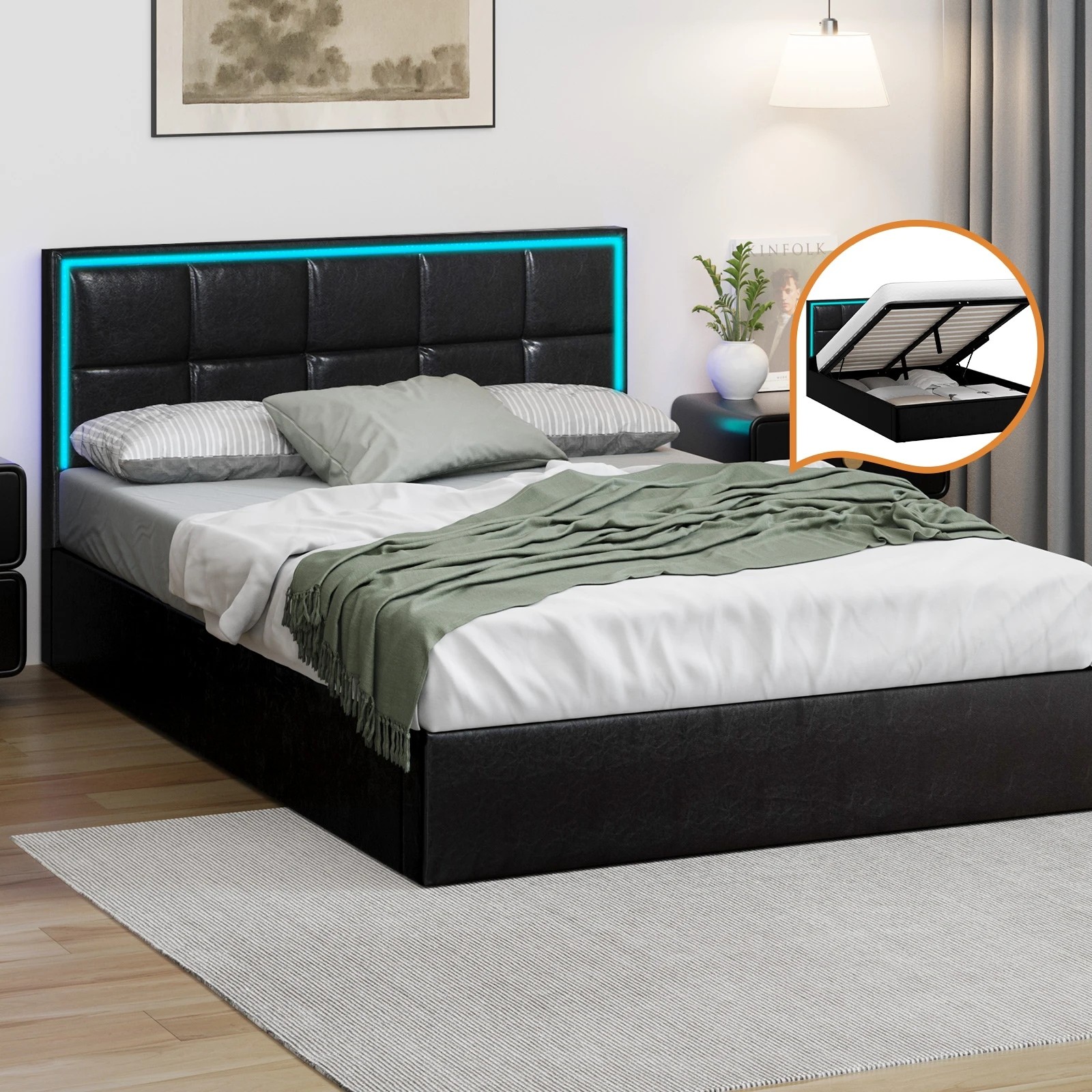 3 Oikiture Bed Frame Double Size RGB LED Gas Lift Storage Base Leather - Black, 3 of 9