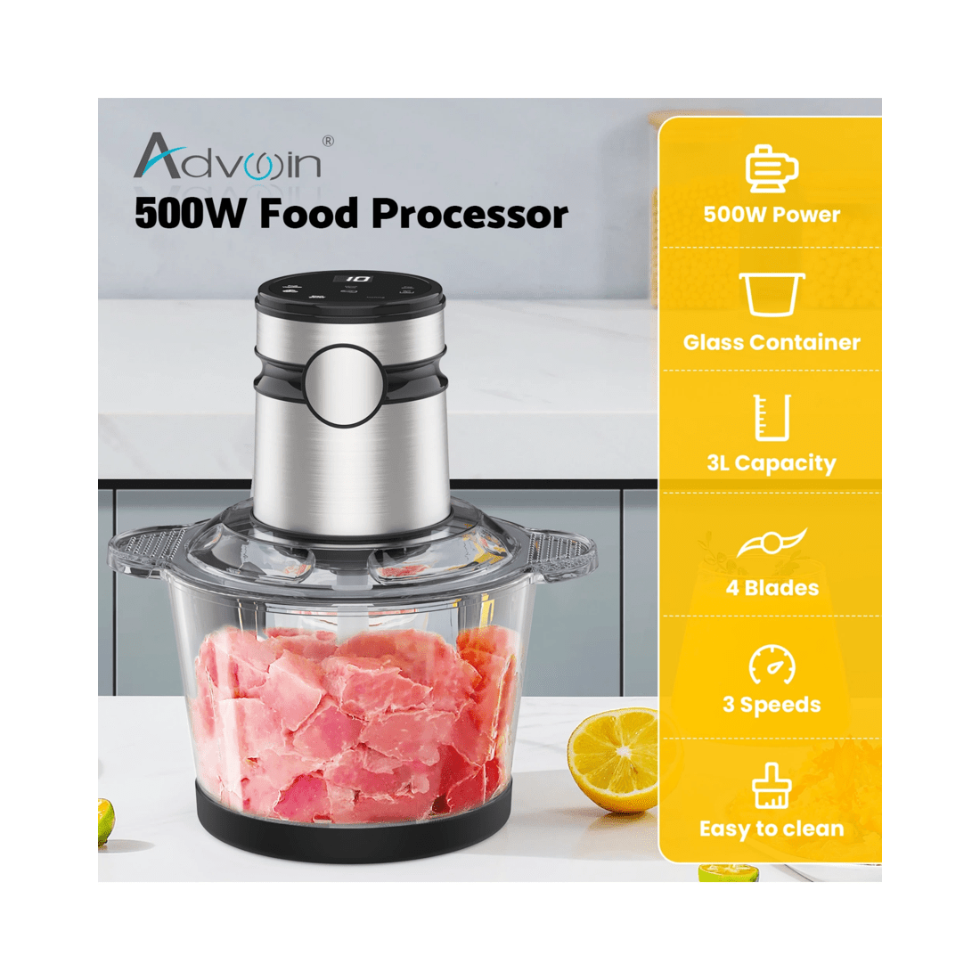 4 Advwin Electric Chopper, 3l Food Processor With 4 Sharp Blades, 500w Meat Grinder For Veg/meat/egg, 4 of 9