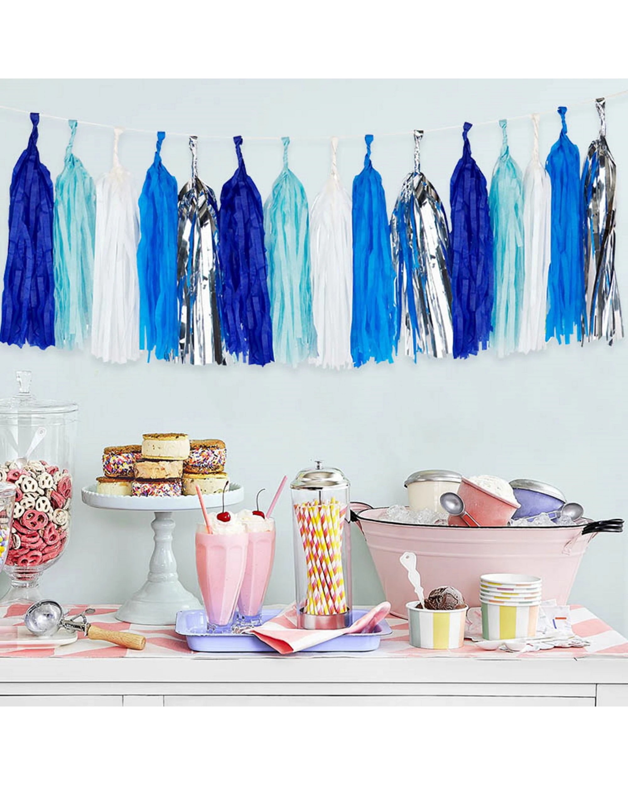 3 Partyrama Blue, White & Silver Tassel Garland Banner - Blue, white, silver, 3 of 3