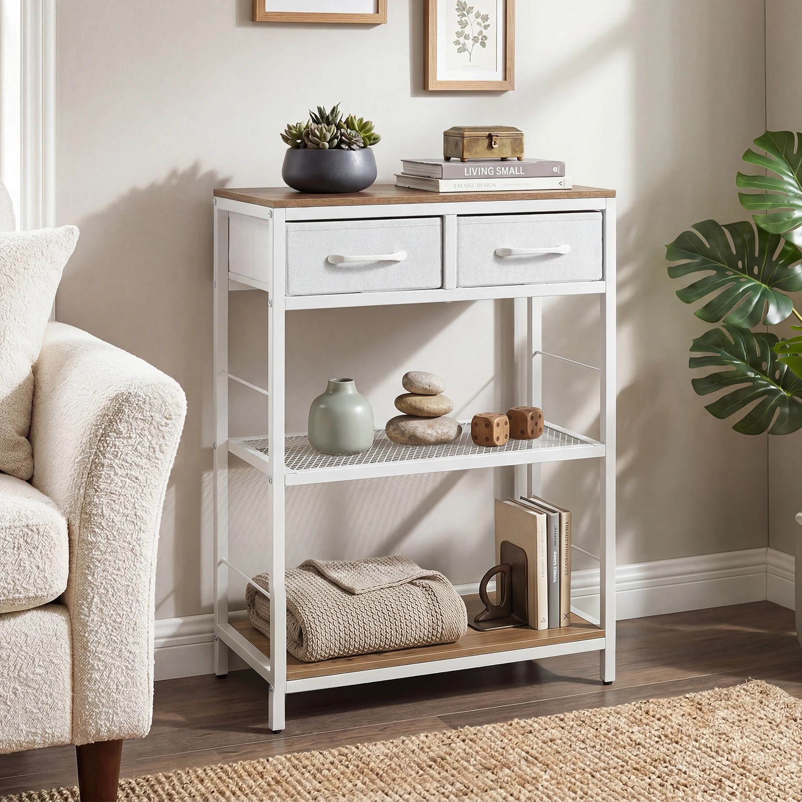 3 Costway 3-Tier Narrow Console Table w/2 Fabric Drawers Behind Sofa Table - Natural, 3 of 6