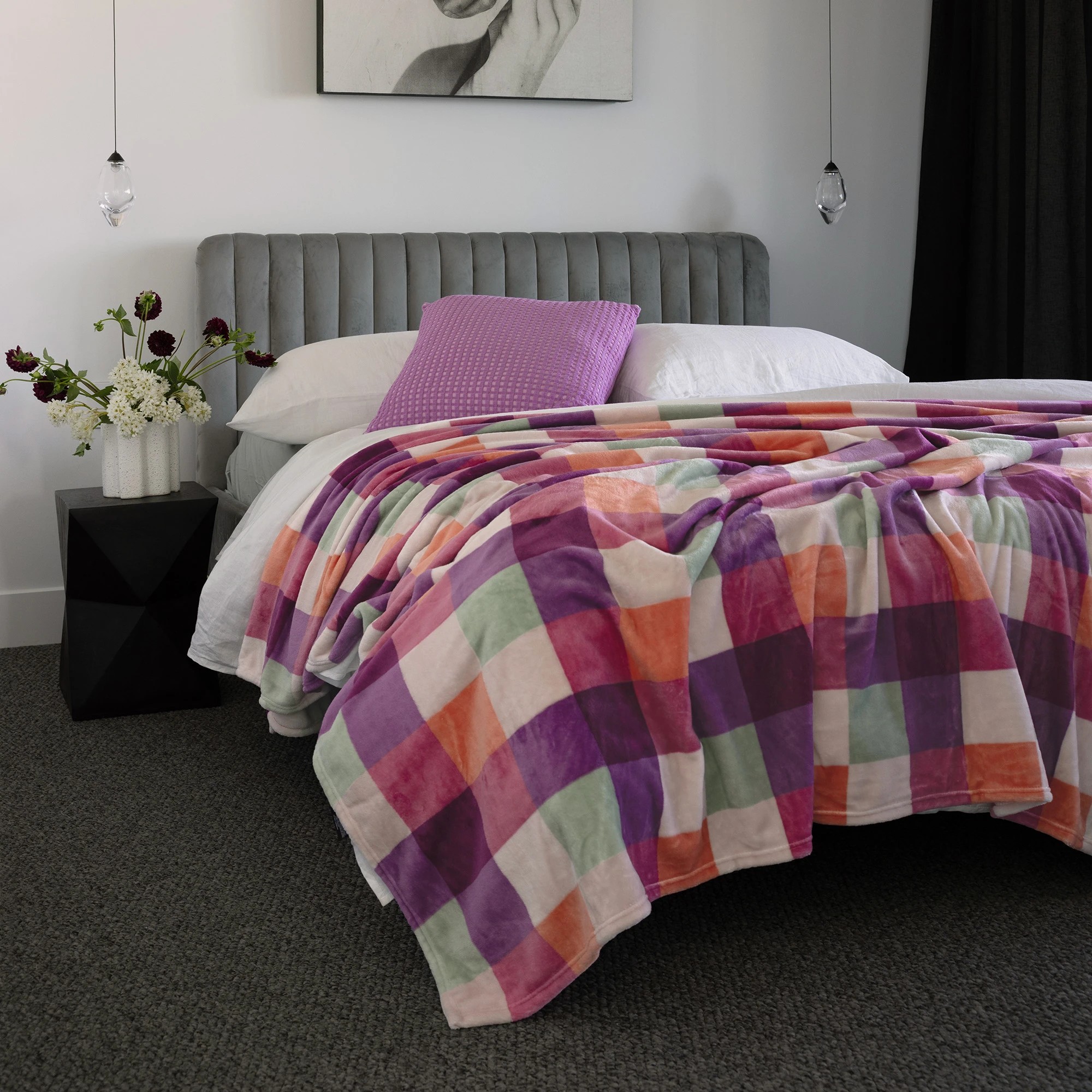 1 Bambury Charlie Ultraplush Polyester Flannel Fleece 280gsm Soft Checkered Blanket Sherbet - Super King Bed - Multi, 1 of 2