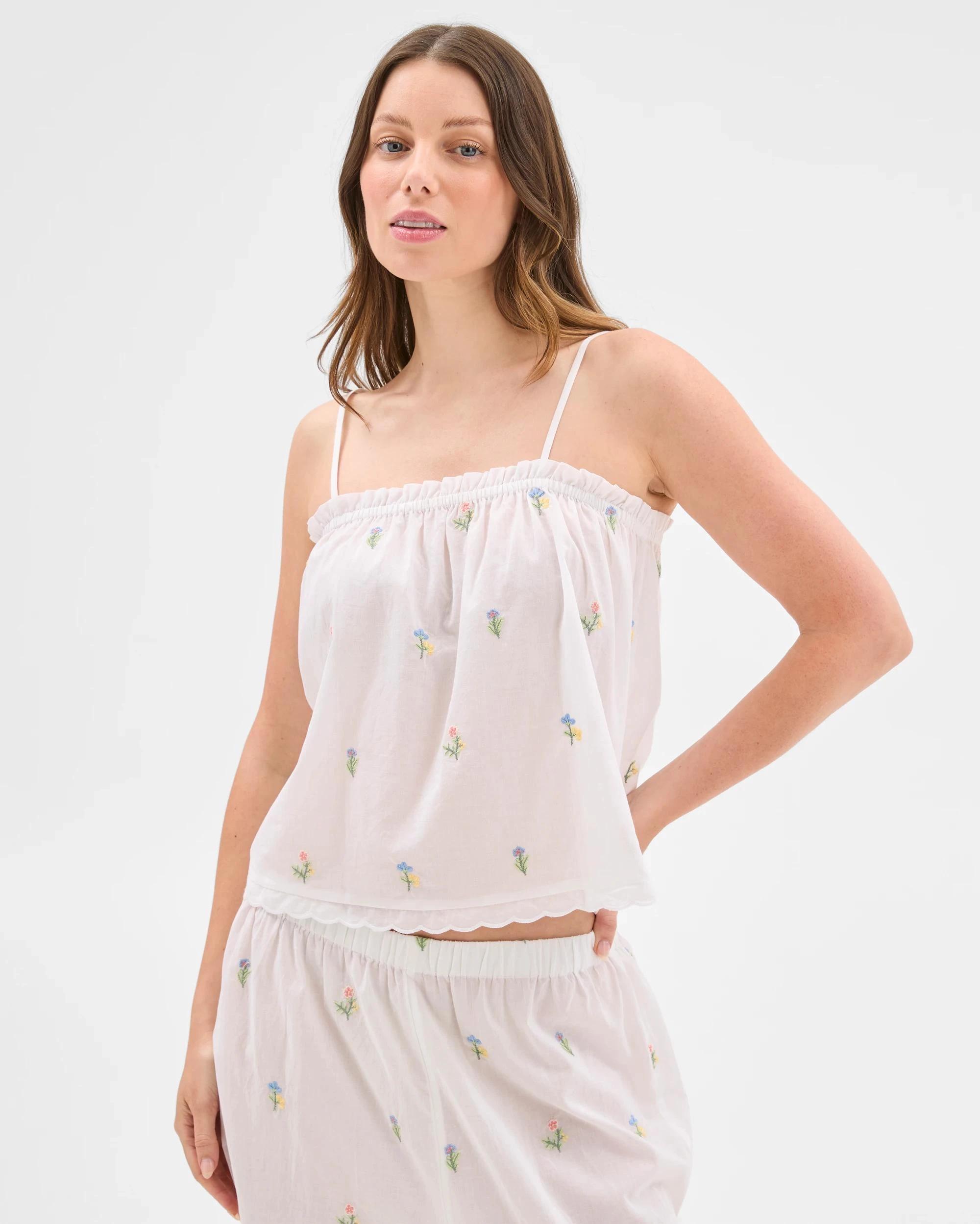 5 Target Woman Womens Australian Cotton Embroidered Cami Long Pyjama Set WHITE, 5 of 7