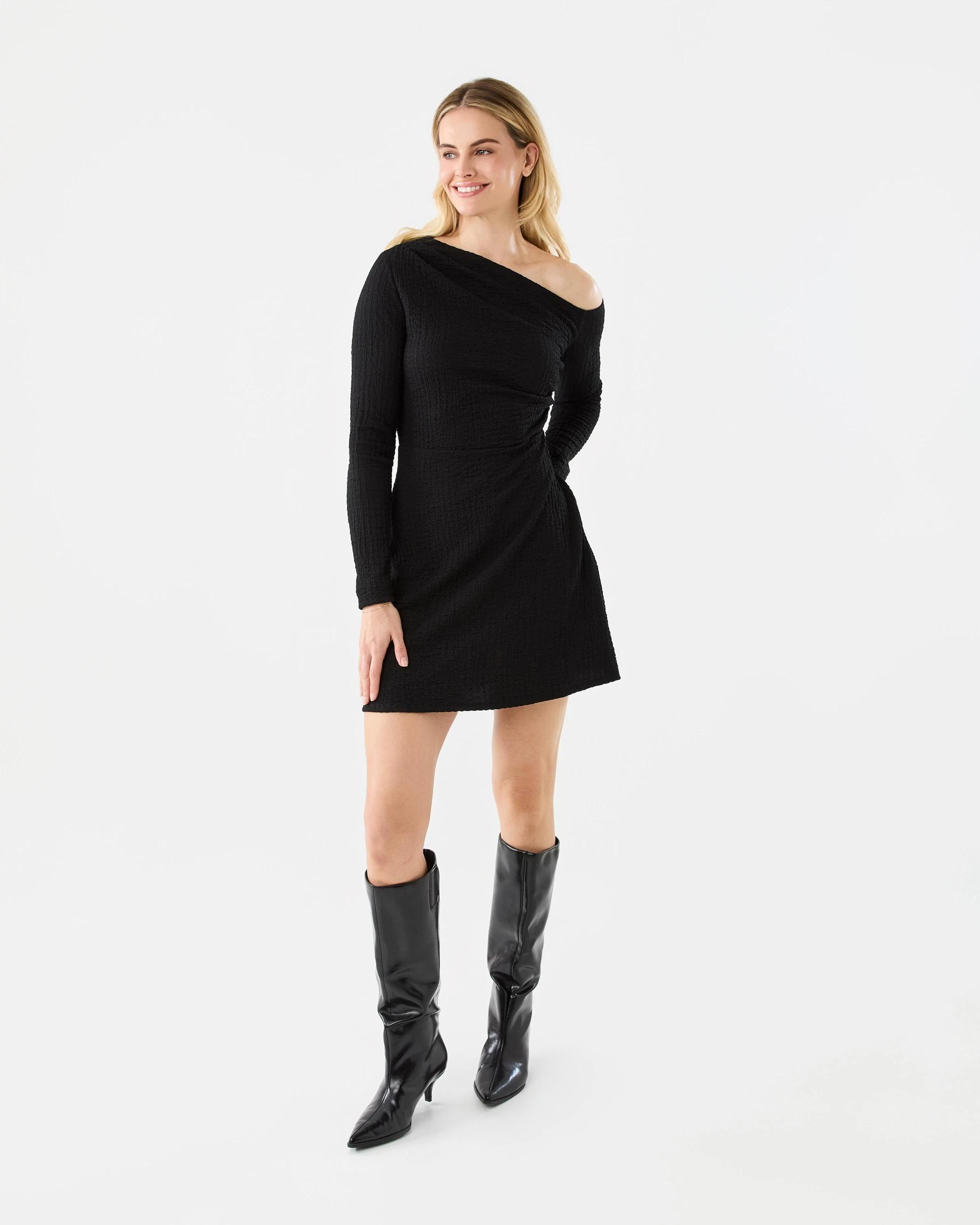 8 Long Sleeve Crinkle Asymmetric Mini Dress Black, 8 of 8