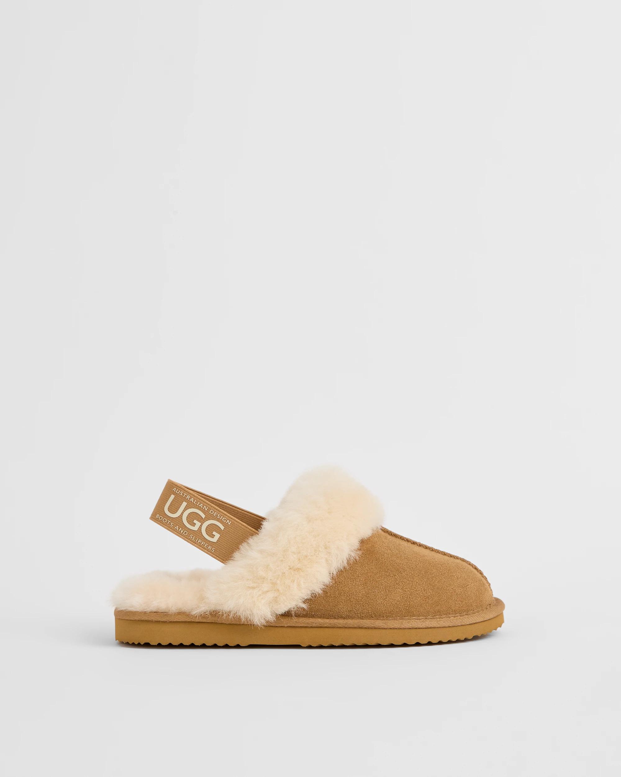 1 Australian Design Ugg Boots and Slippers Australian Design UGG Leather and Sheepskin Elastic Scuff Slippers CHESTNUT, 1 of 3