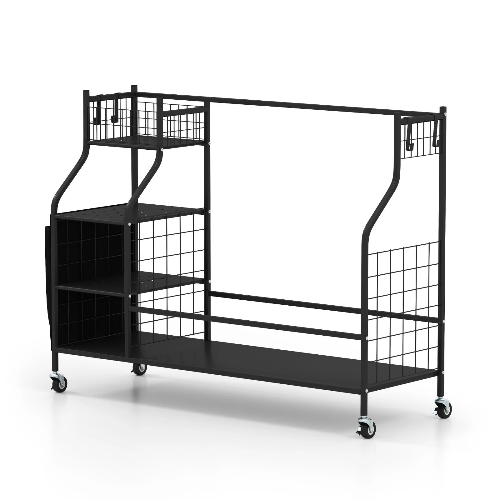 1 Costway Golf Bag Organizer w/Lockable Wheels & Removable Hooks Golf Storage Rack Holder - Black, 1 of 1