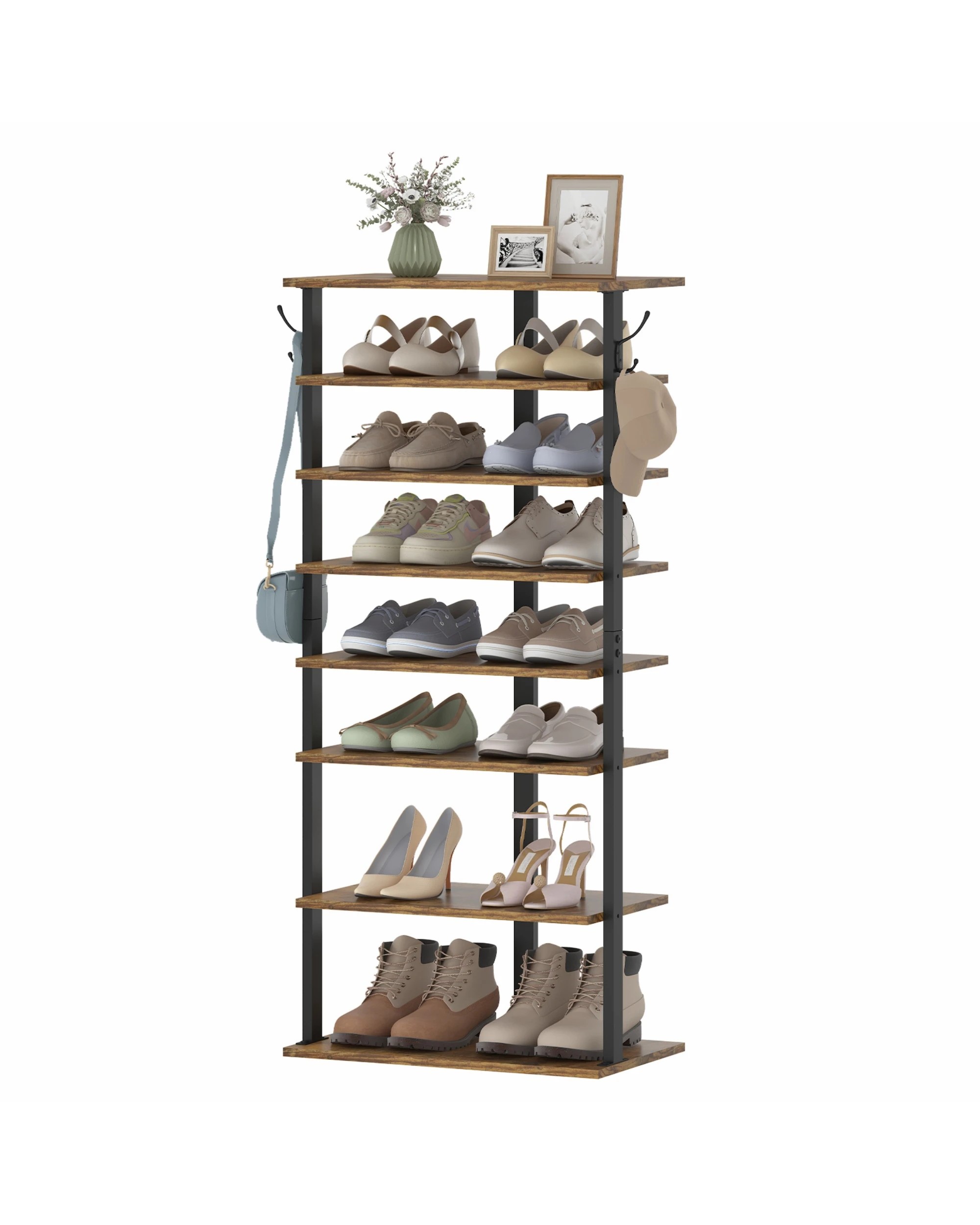 8 Advwin 8 Tier Vertical Shoe Rack Shoe Storage Organiser Narrow Shoe Tower, Rustic Brown, 8 of 10