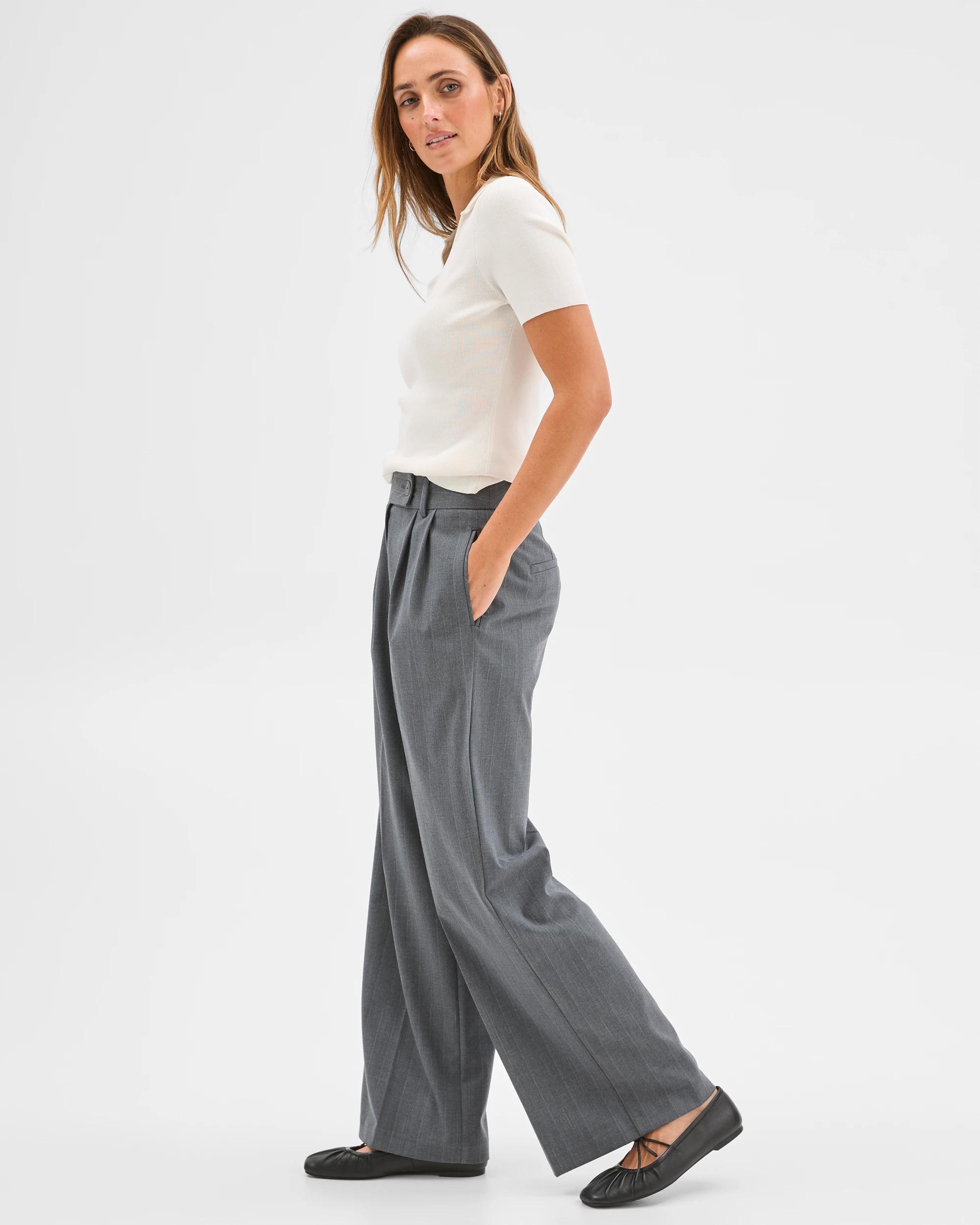 4 Preview Classic Full Length Wide Leg Pants GREY PINSTRIPE, 4 of 6