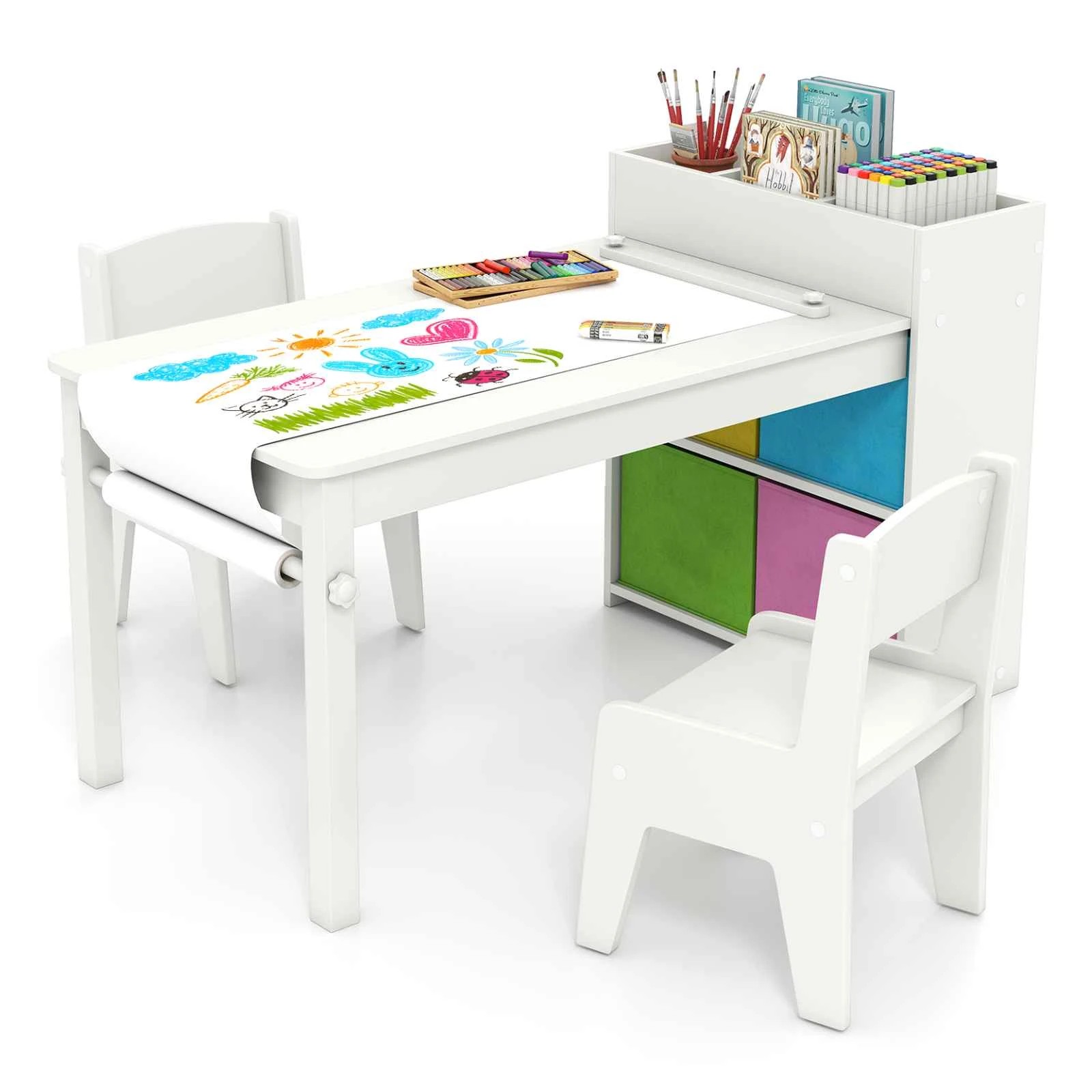 1 Costway Art Table Chairs Set Wooden Craft Study Desk w/Paper Roll Storage Shelves - White, 1 of 2