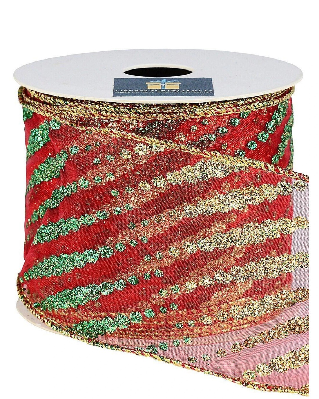 Christmas Warehouse Wired Red Sheer Christmas Ribbon Gold & Green ...