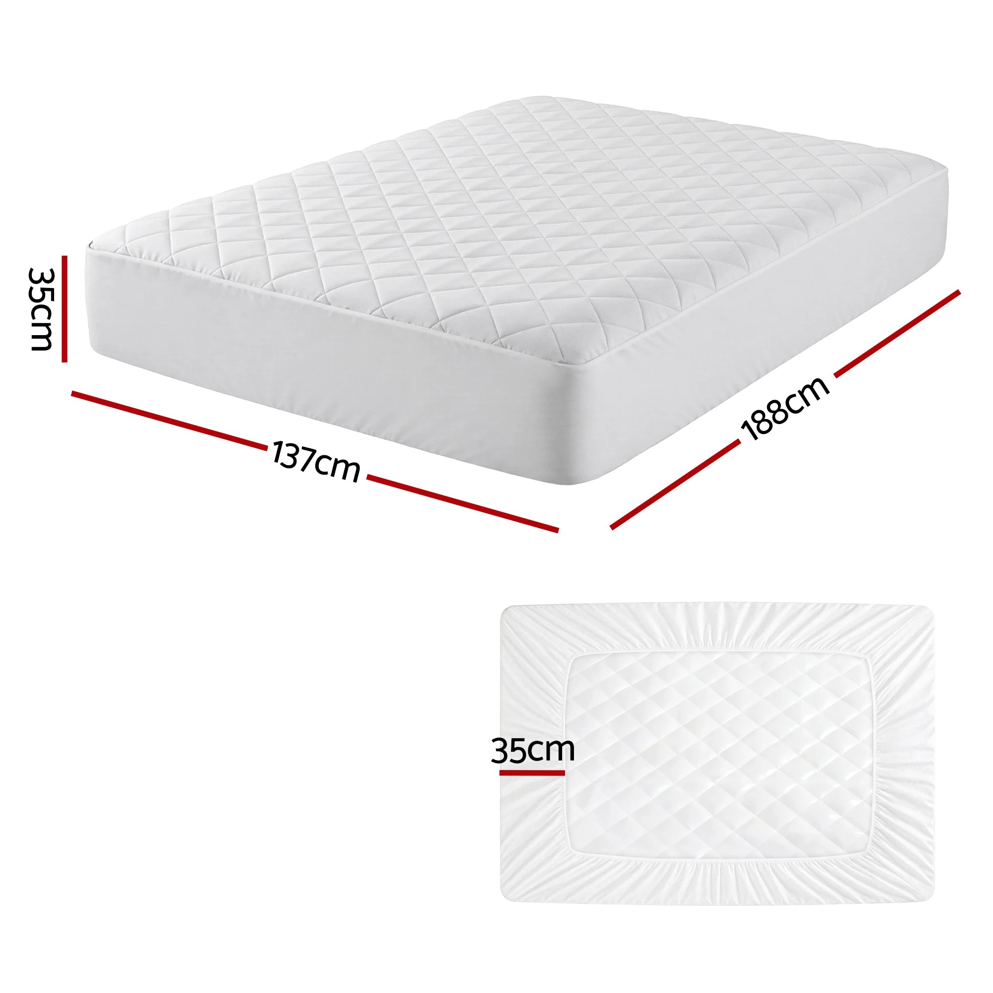 2 Giselle Waterproof Mattress Protector 100% Cotton Quilted Fitted Cover - Double Bed - White, 2 of 3