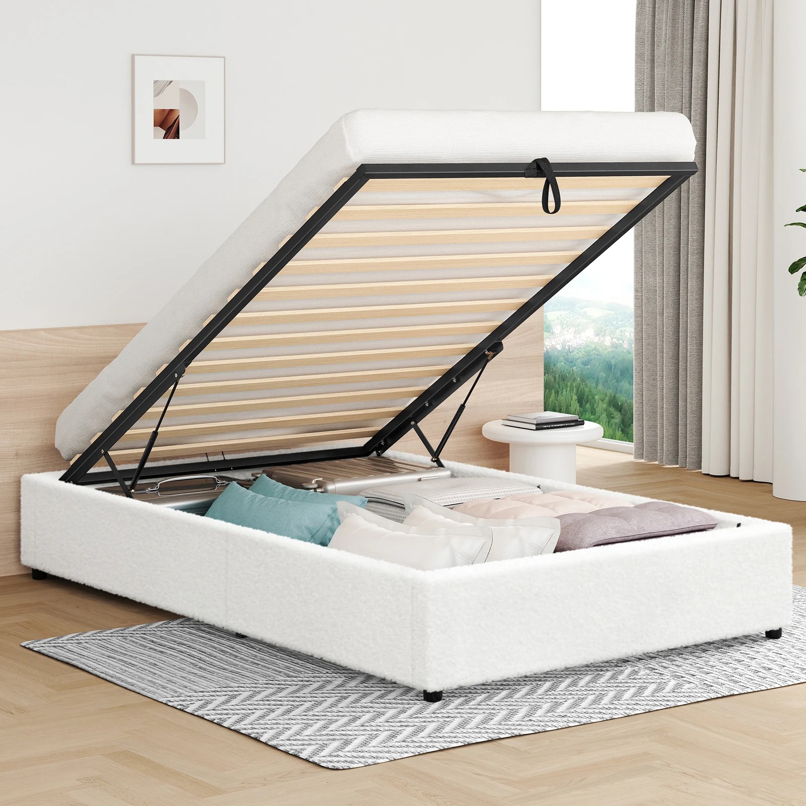 2 Alfordson Bed Frame Single Size Gas Lift Storage Mattress Base Boucle Barlow - White, 2 of 9