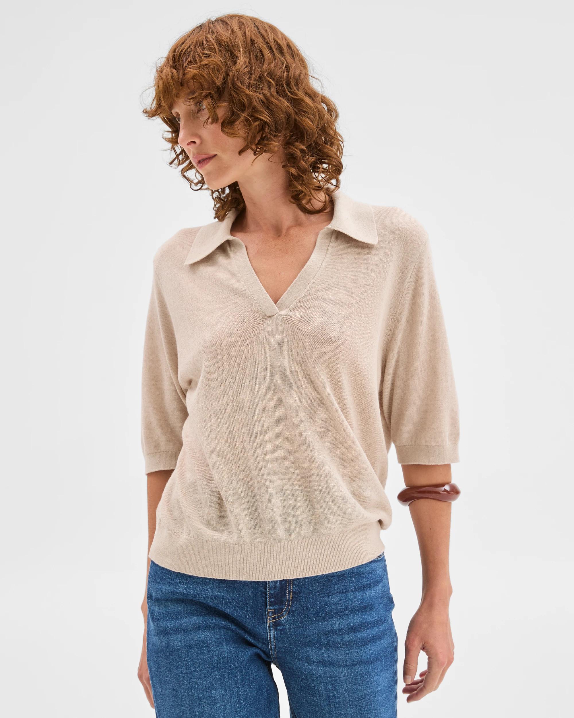 3 Target Woman Linen Blend Short Sleeve Polo Knit Top OATMEAL MARLE, 3 of 6