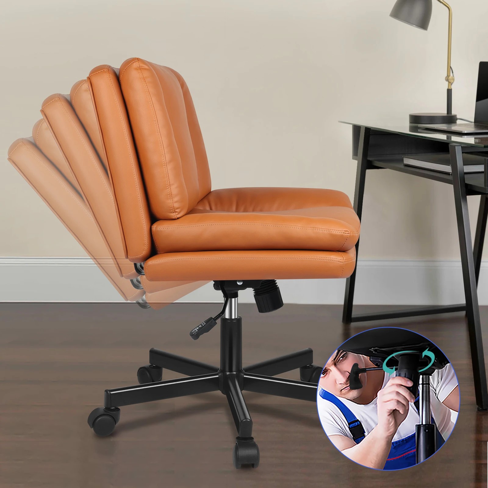 3 Alfordson Armless Office Desk Chair Mid Back Wide Seat w/ Wheels Leather - Brown, 3 of 7