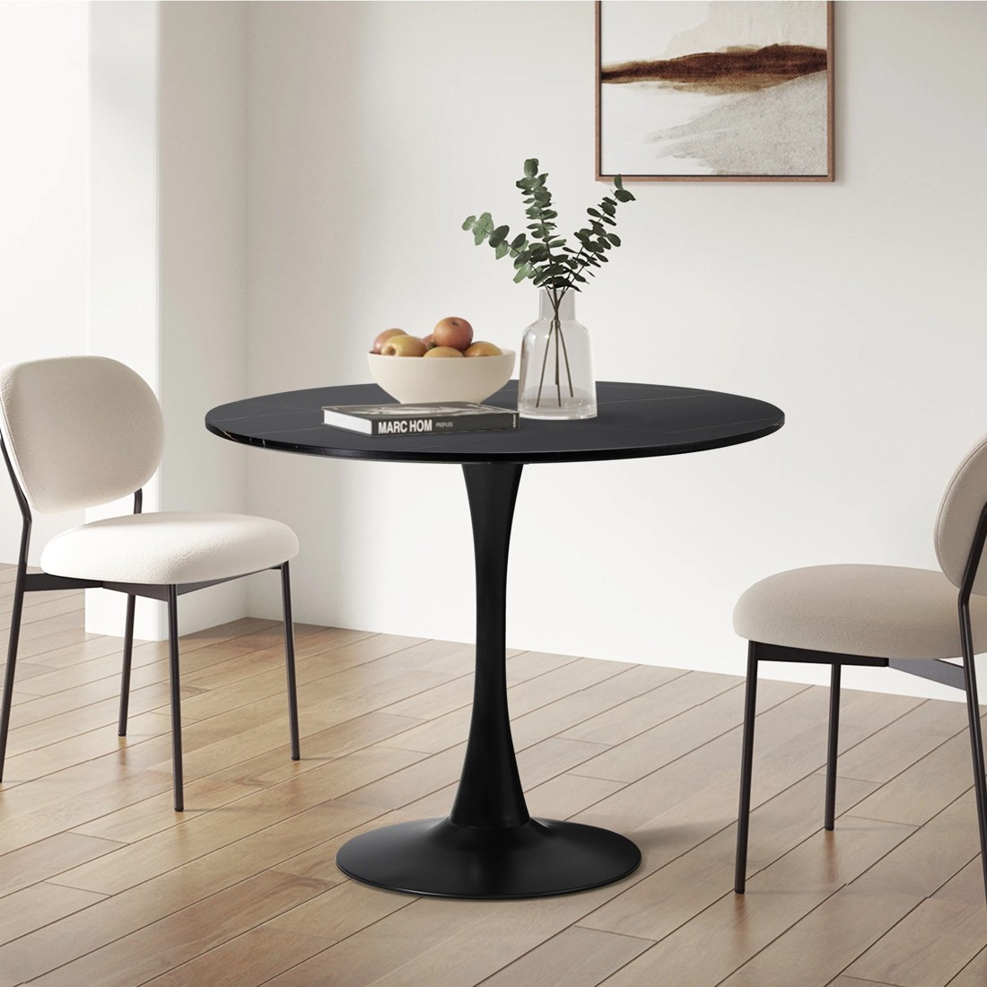 3 Oikiture 90cm Dining Table Kitchen Swivel Marble Tulip Round Metal Leg
 - Black, 3 of 9