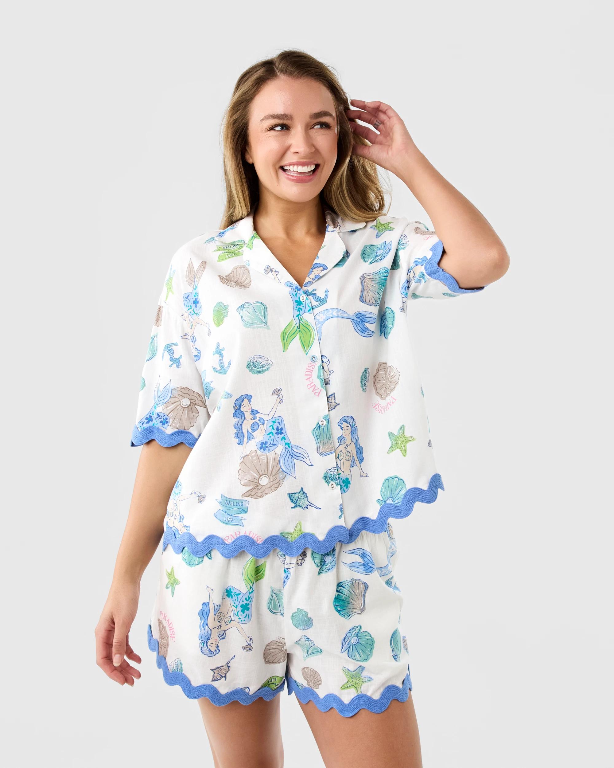 2 Short Sleeve Cotton Rick Rack Pyjama Set Under Sea, 2 of 9