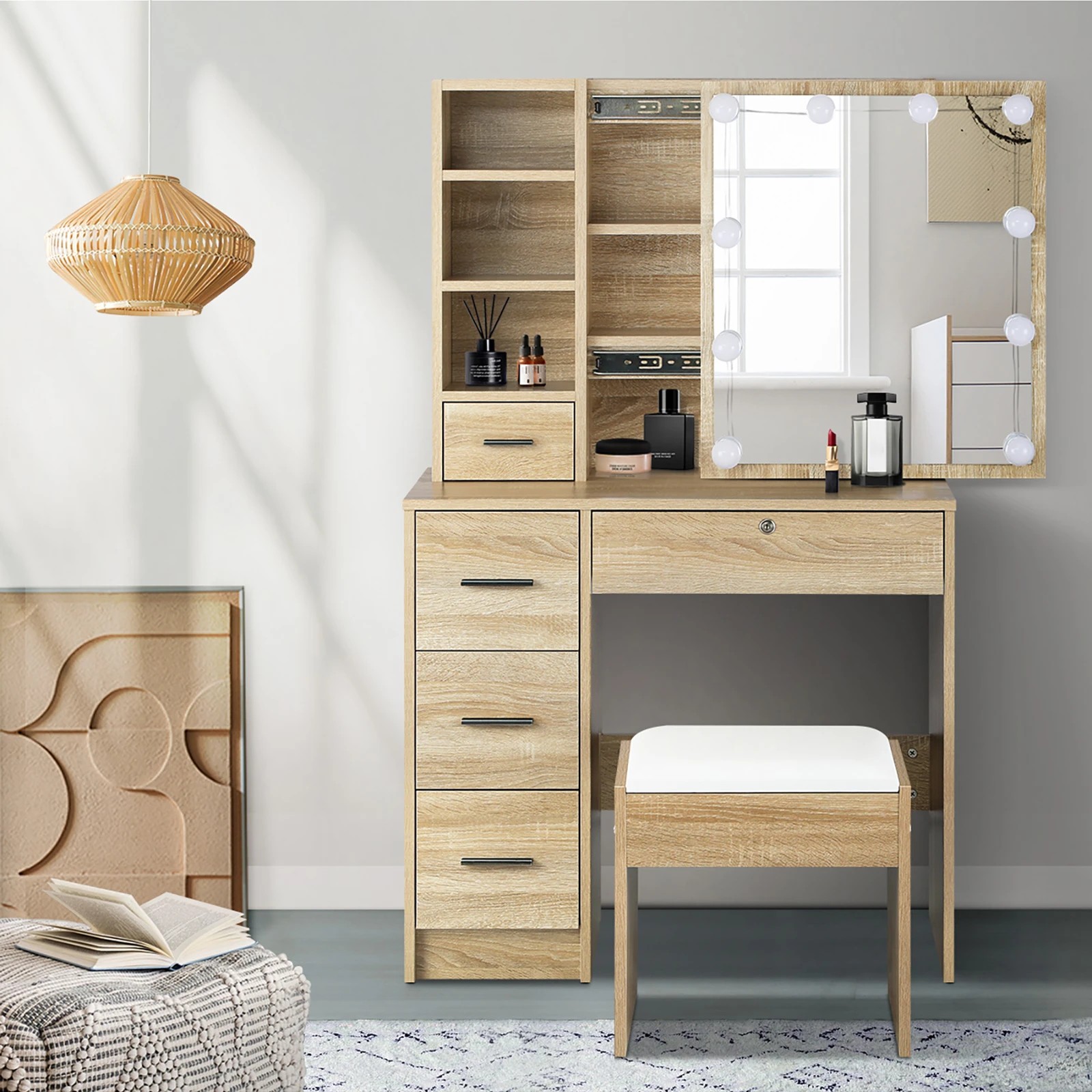 3 Oikiture Dressing Table Stool Set Makeup Slide Mirror Drawer 10 Led Bulbs Wooden
 - Natural, 3 of 9