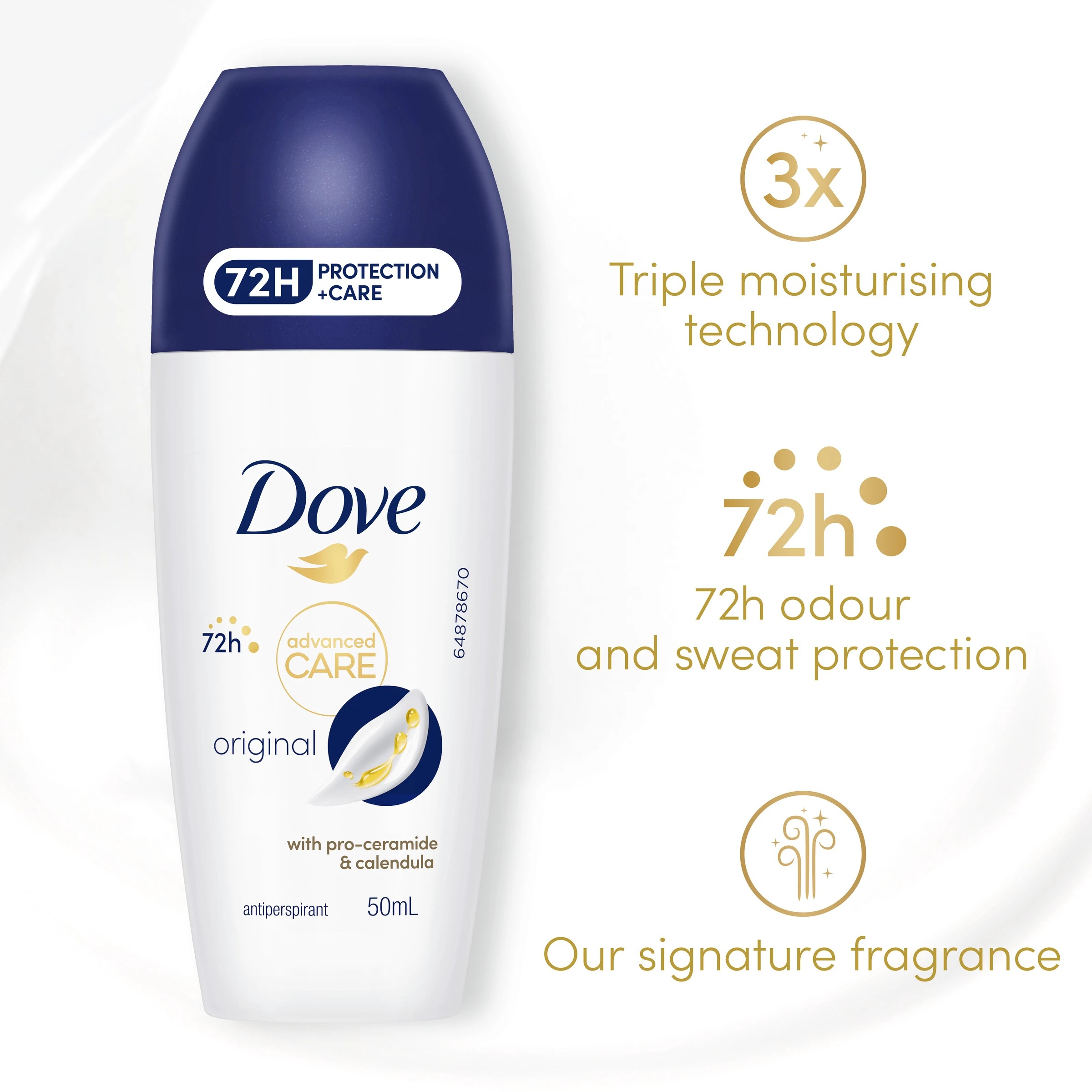 3 Dove Advanced Care Original Antiperspirant Deodorant Roll-On 50ml - Pro-Ceramide and Calendula, 3 of 6