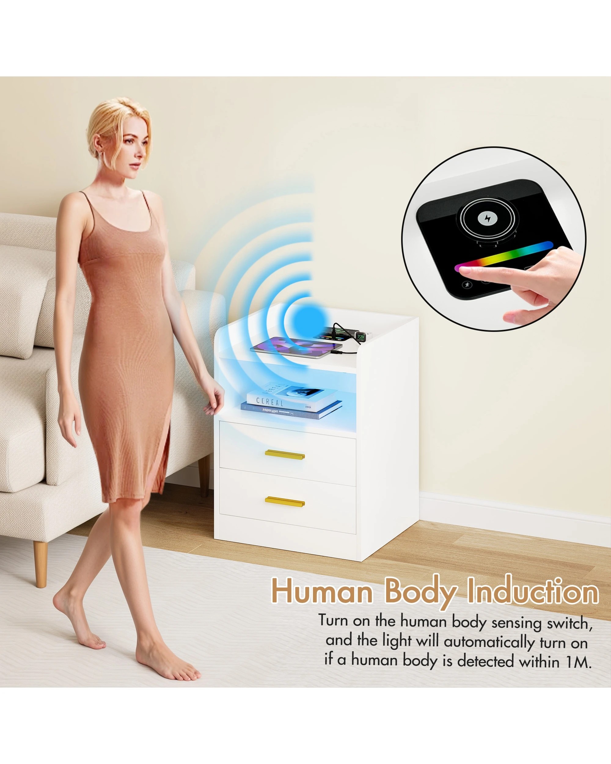 6 Advwin Bedside Table 2 Drawers Led Nightstand Wireless Charging Station, 6 of 8