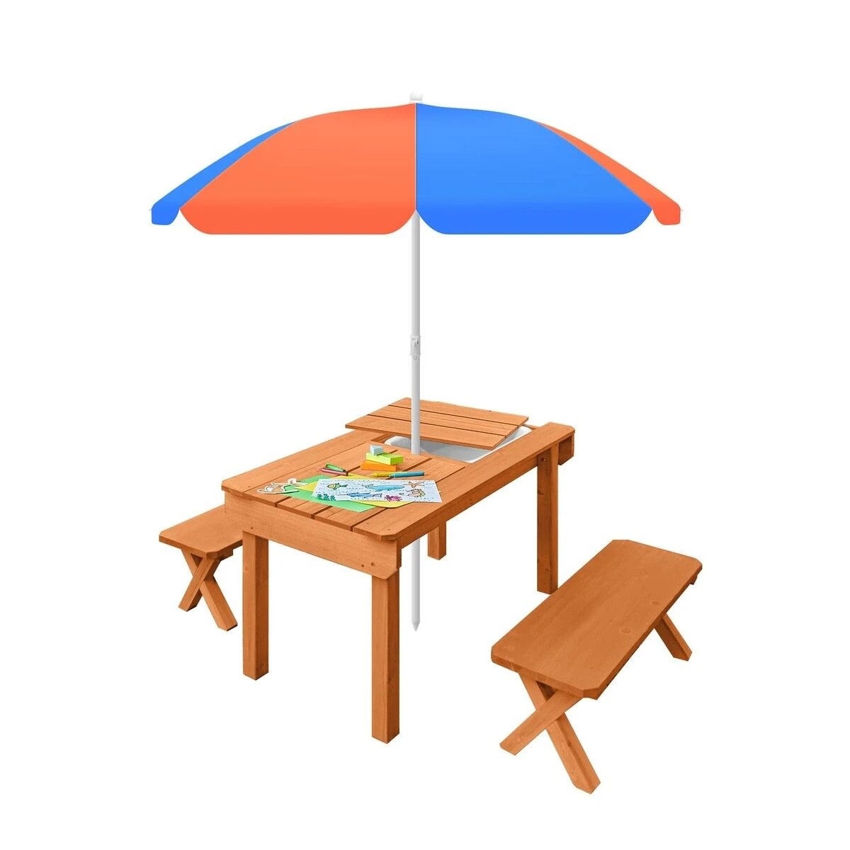 2 Kidbot Kids Sand and Water Table Picnic Chairs Outdoor Wooden Bench Adjustable Umbrella Children Play Station Storage, 2 of 6