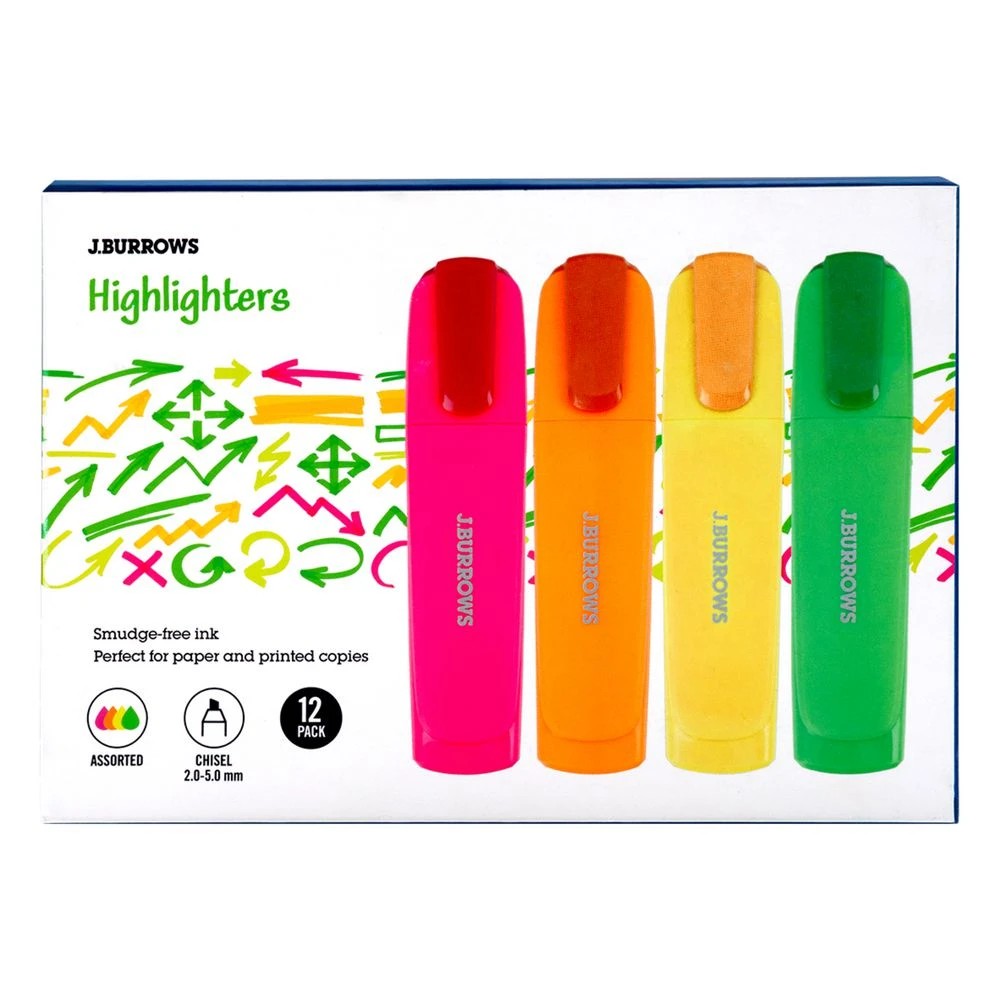 1 J.Burrows Chisel Highlighters Assorted 12 Pack, 1 of 4