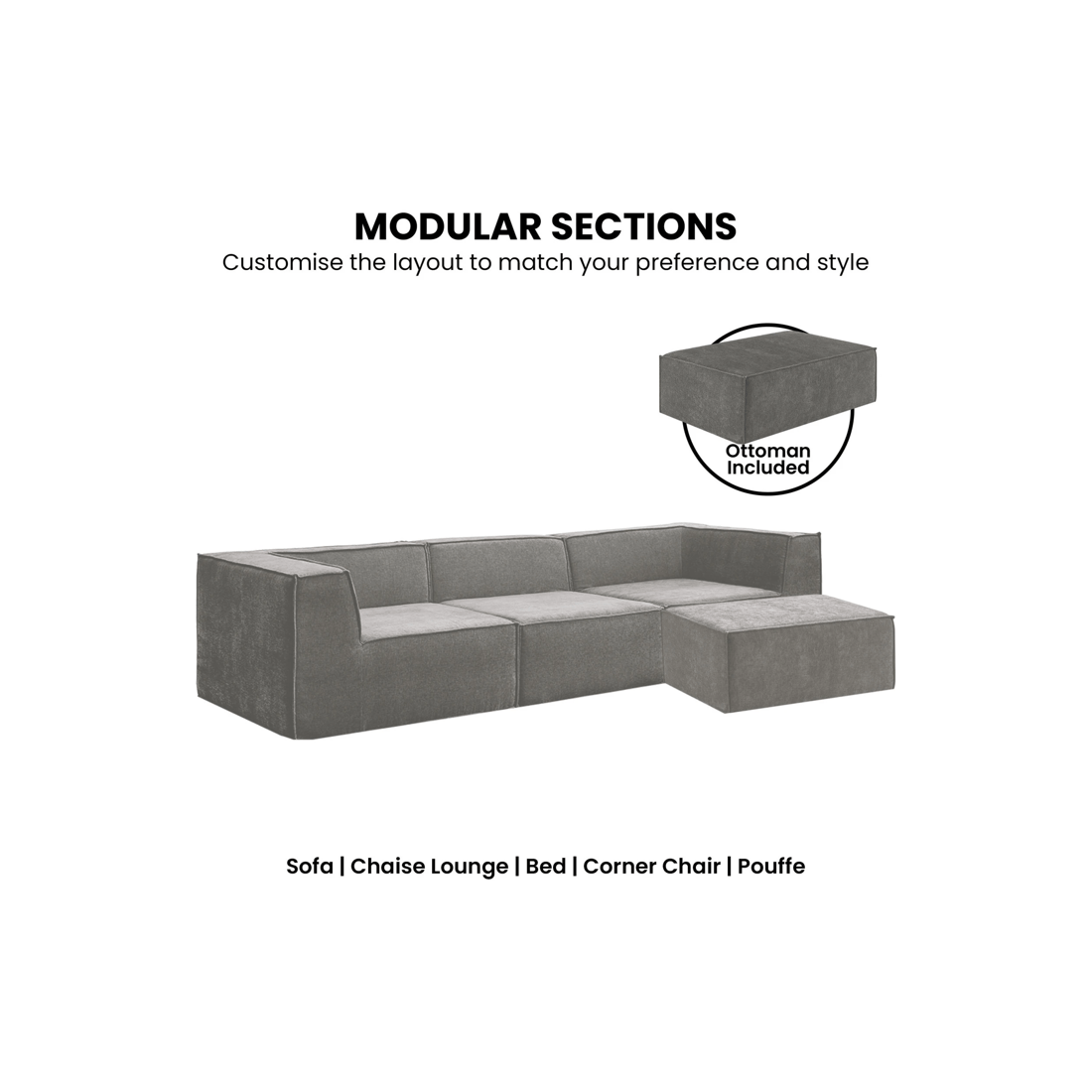 7 Sarantino Novi 3-seater Modular Sofa With Ottoman In Grey Non-slip Bottom Lounge, 7 of 9