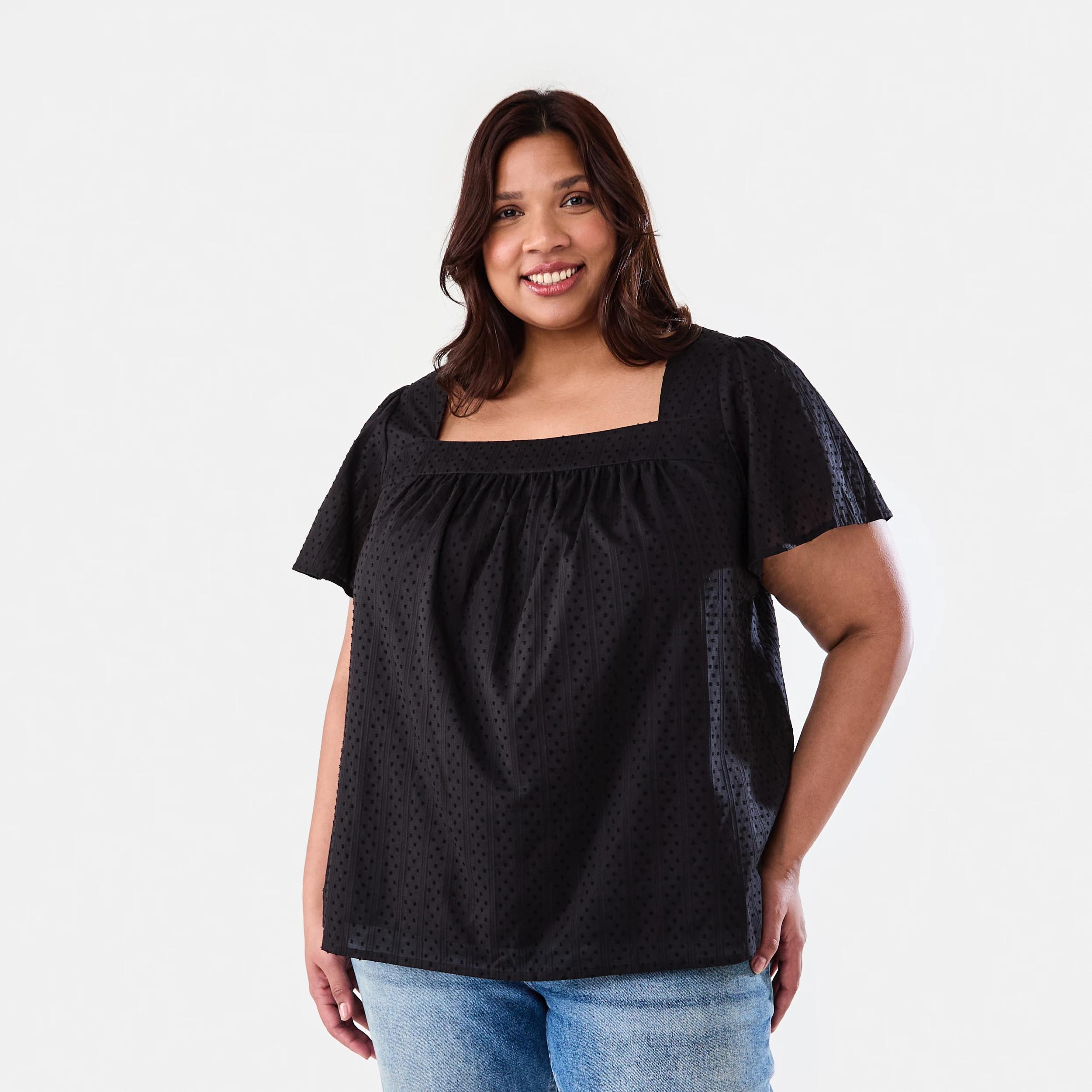 1 Curve Short Sleeve Square Neck Top Black, 1 of 7