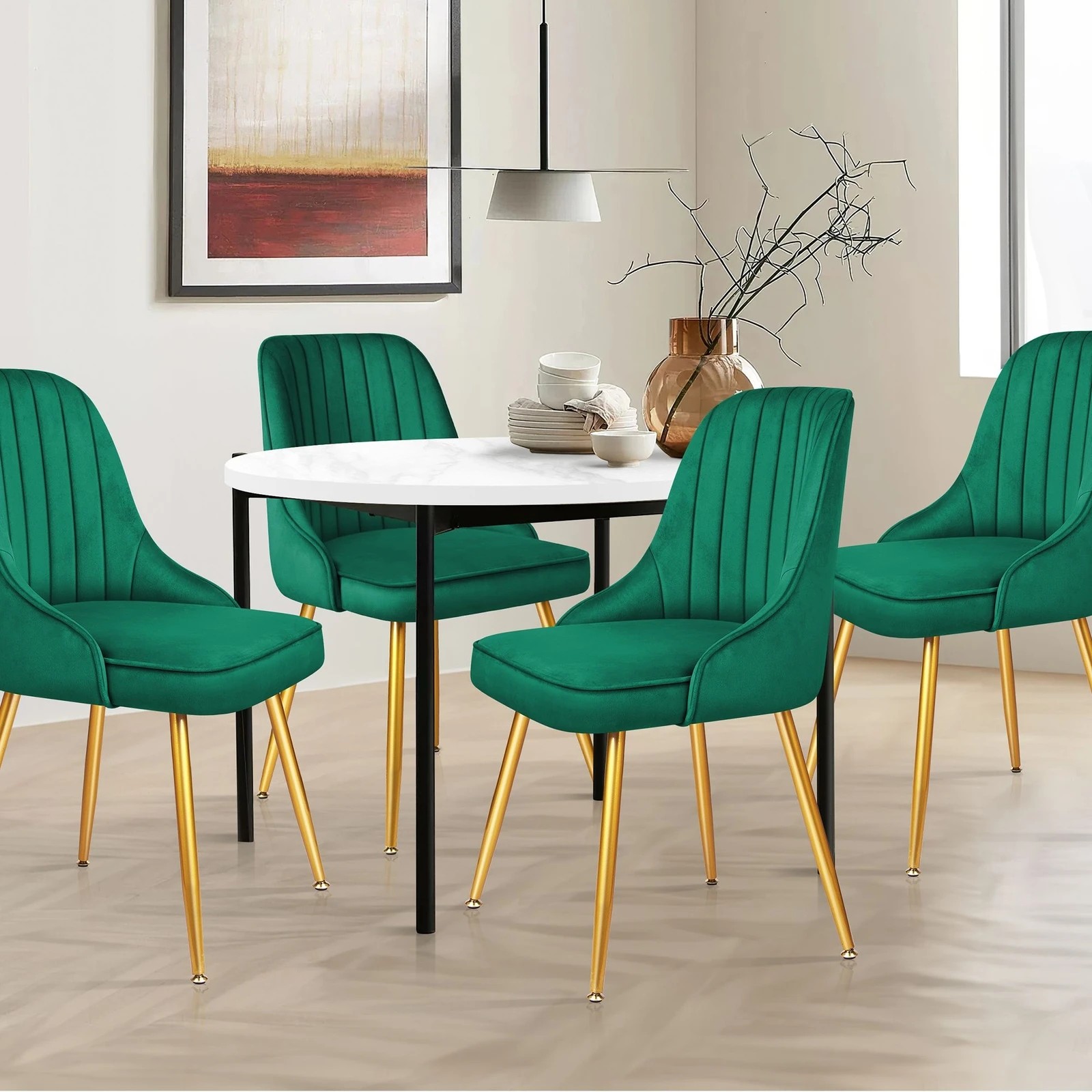 2 Alfordson 2x Dining Chairs Kitchen Accent Lounge Padded Tufted Seat Velvet - Green, 2 of 10