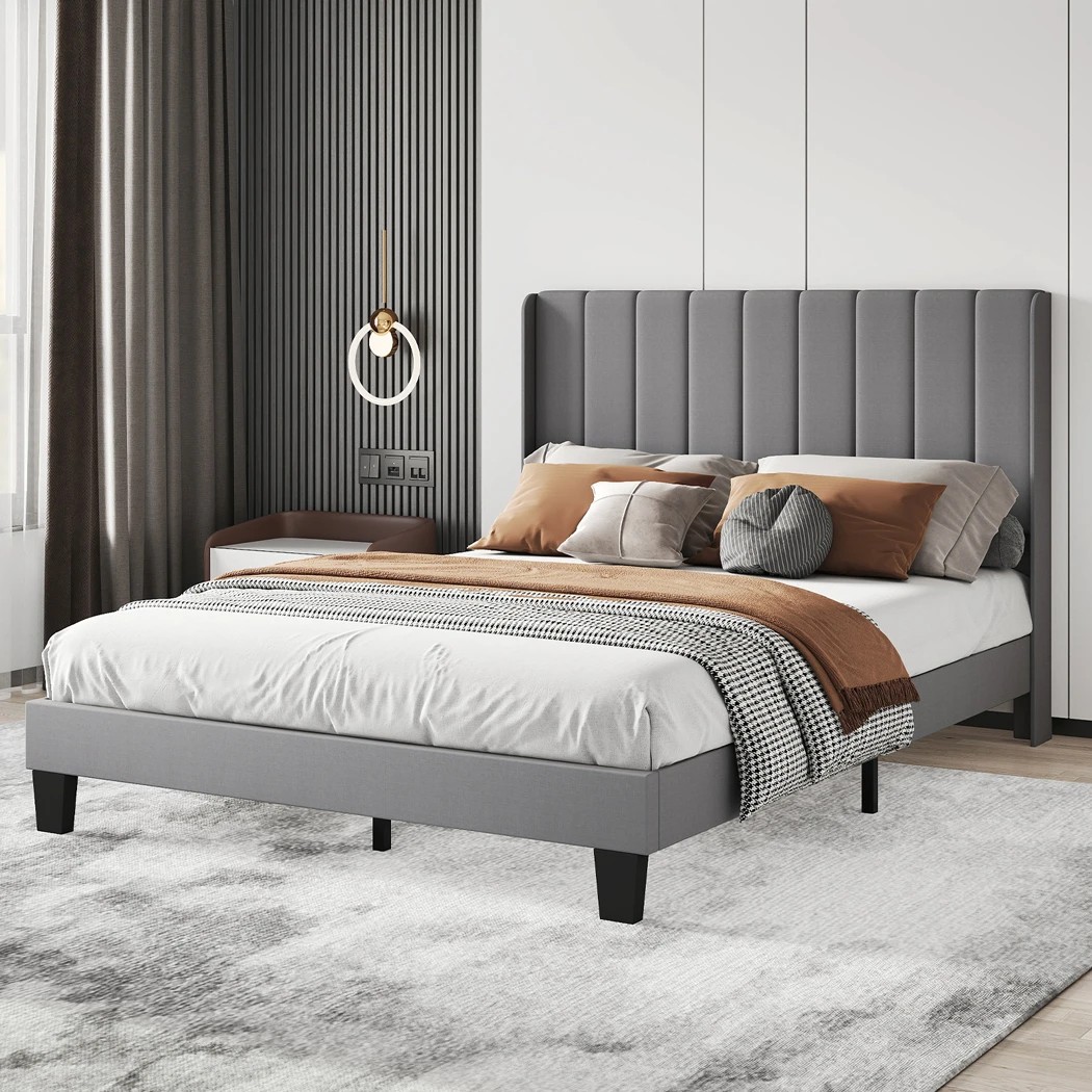 8 Levede Queen Size Bed Frame Upholstered Platform Grey, 8 of 8