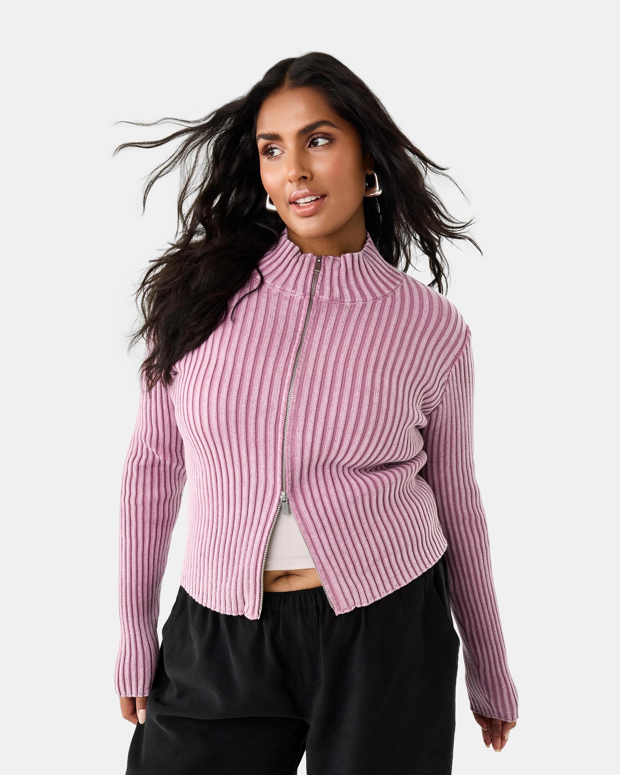 3 Funnel Neck Knit Zip Through Jumper Orchid, 3 of 10