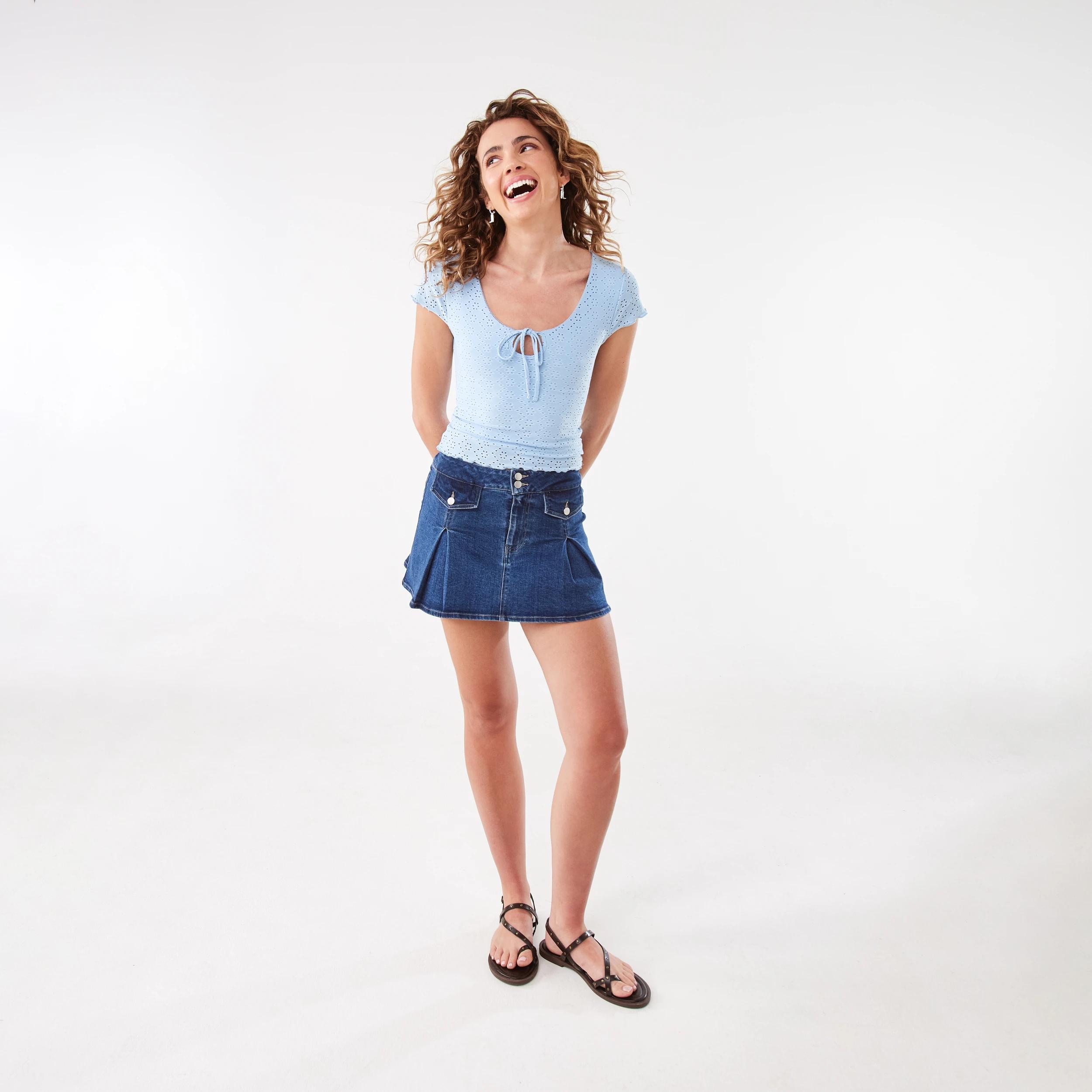 2 Denim Pleated Mini Skirt Mid Wash, 2 of 8