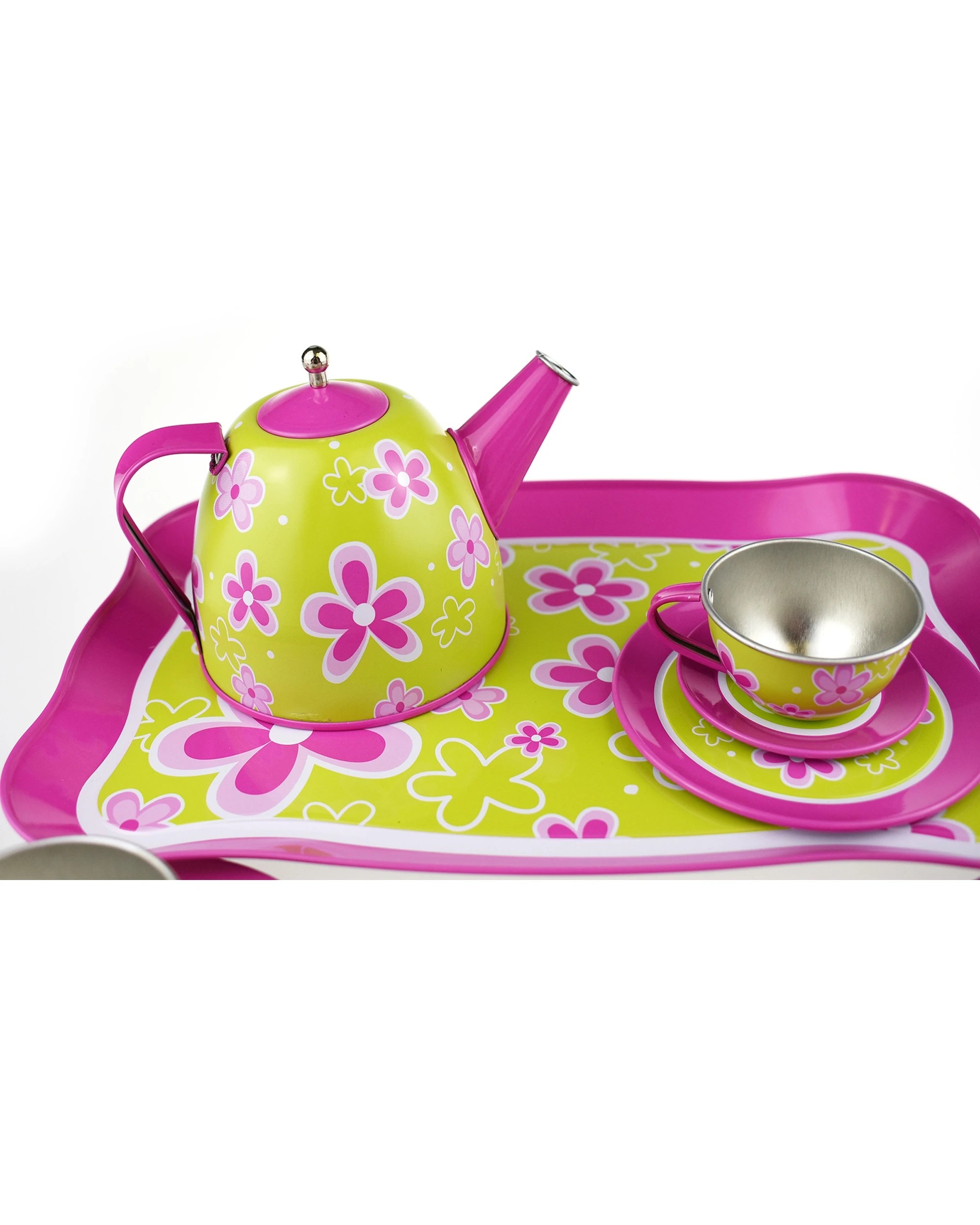 4 Kaper Kidz 15pc Lime Daisy Tin Tea Set Kids Pretend Play Toy - Pattern, 4 of 4